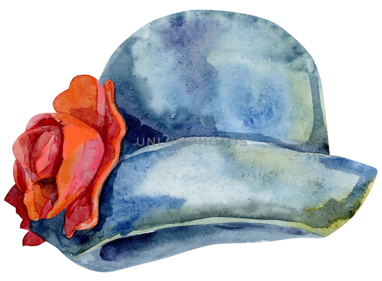 Watercolor women's gray hat with red flowers illustration. For clothing design