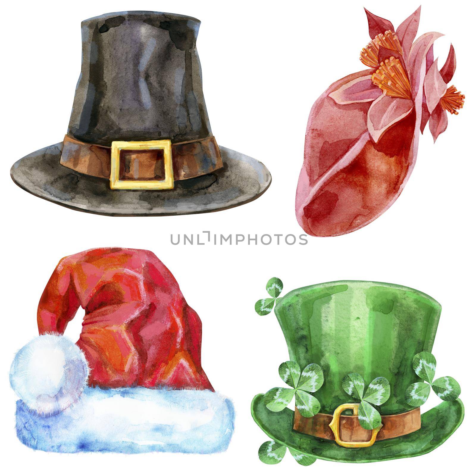 Set of watercolor illustrations of hats on white background by NataOmsk