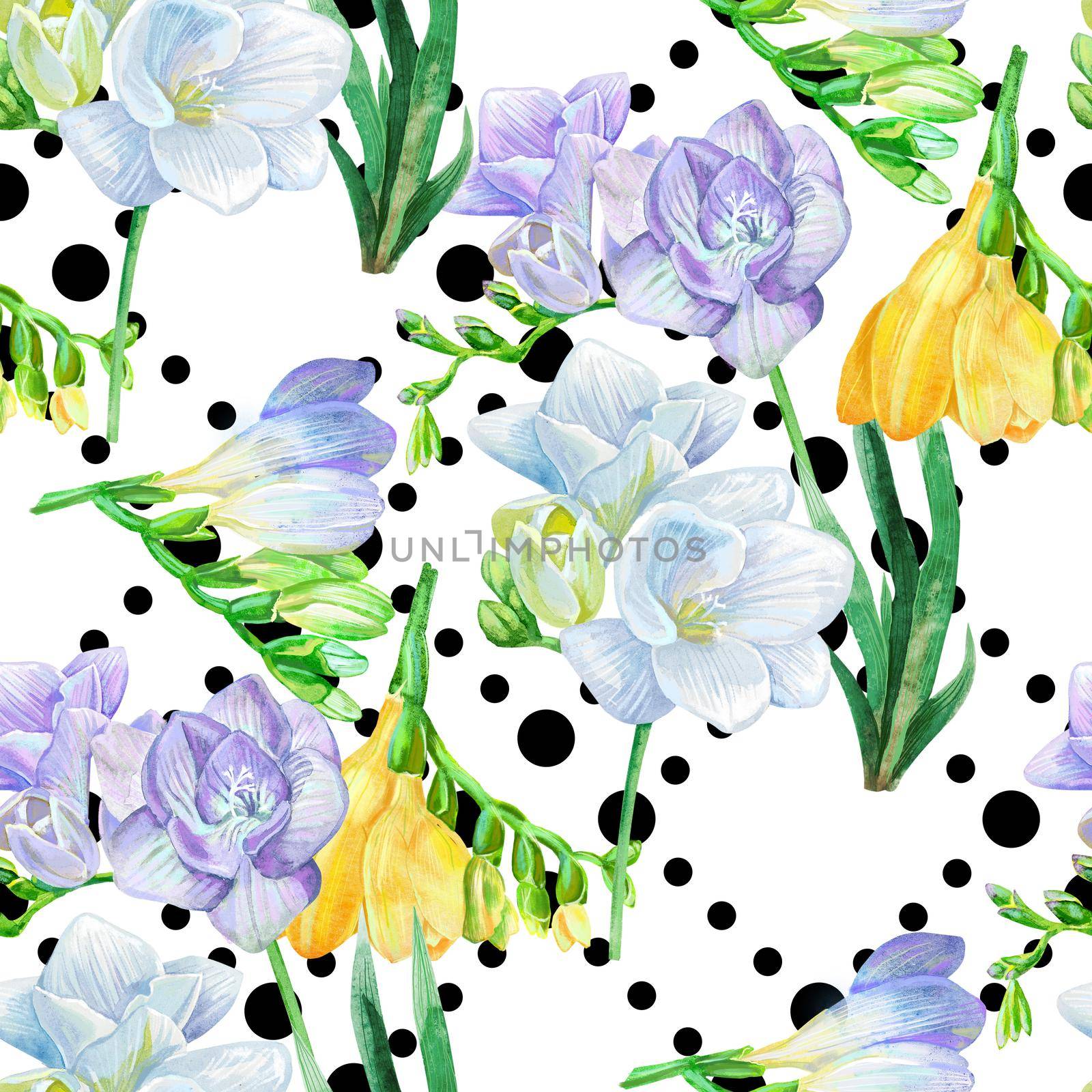 Seamless background pattern with freesia. Fabric wallpaper print texture. Aquarelle wildflower for background, texture, wrapper pattern, frame or border.