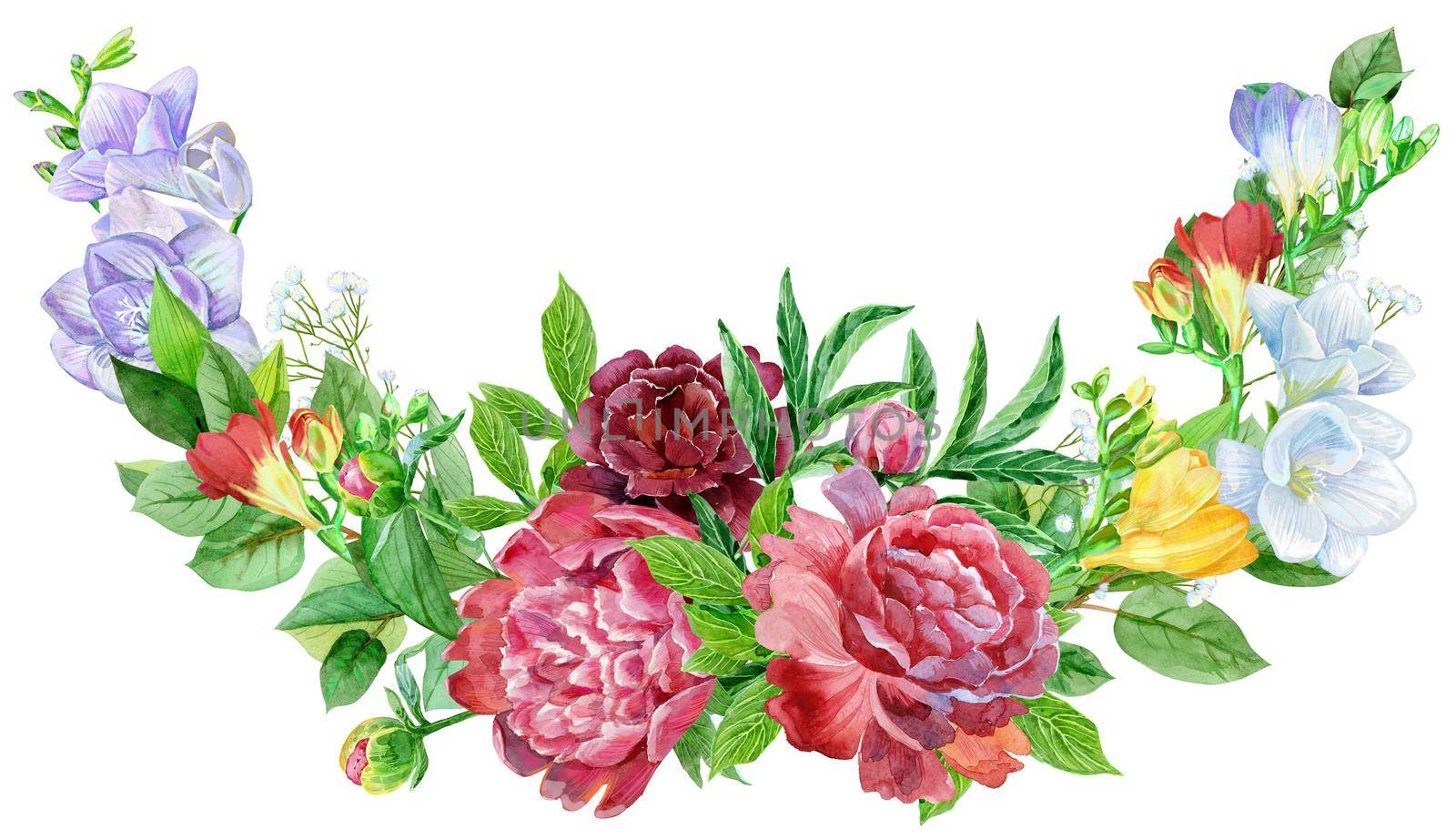 Hand drawnflower border. Design element for wedding invitations, cards. Freesia and peonies
