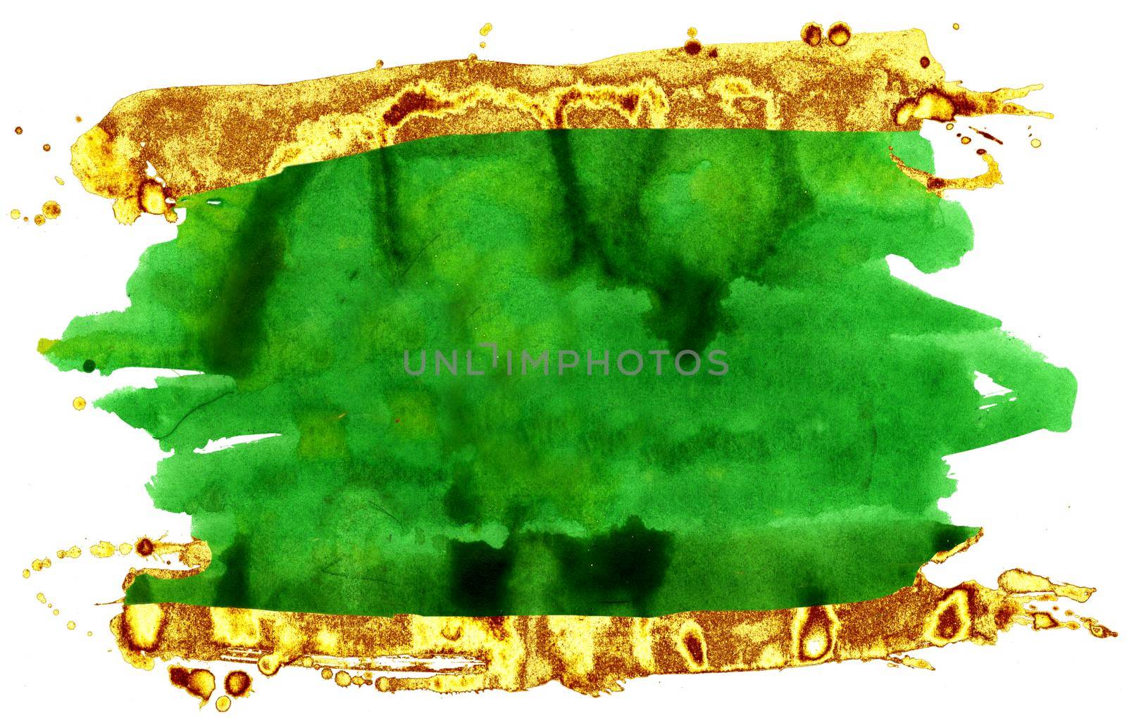 Green and gold watercolor brush strokes isolated on white background