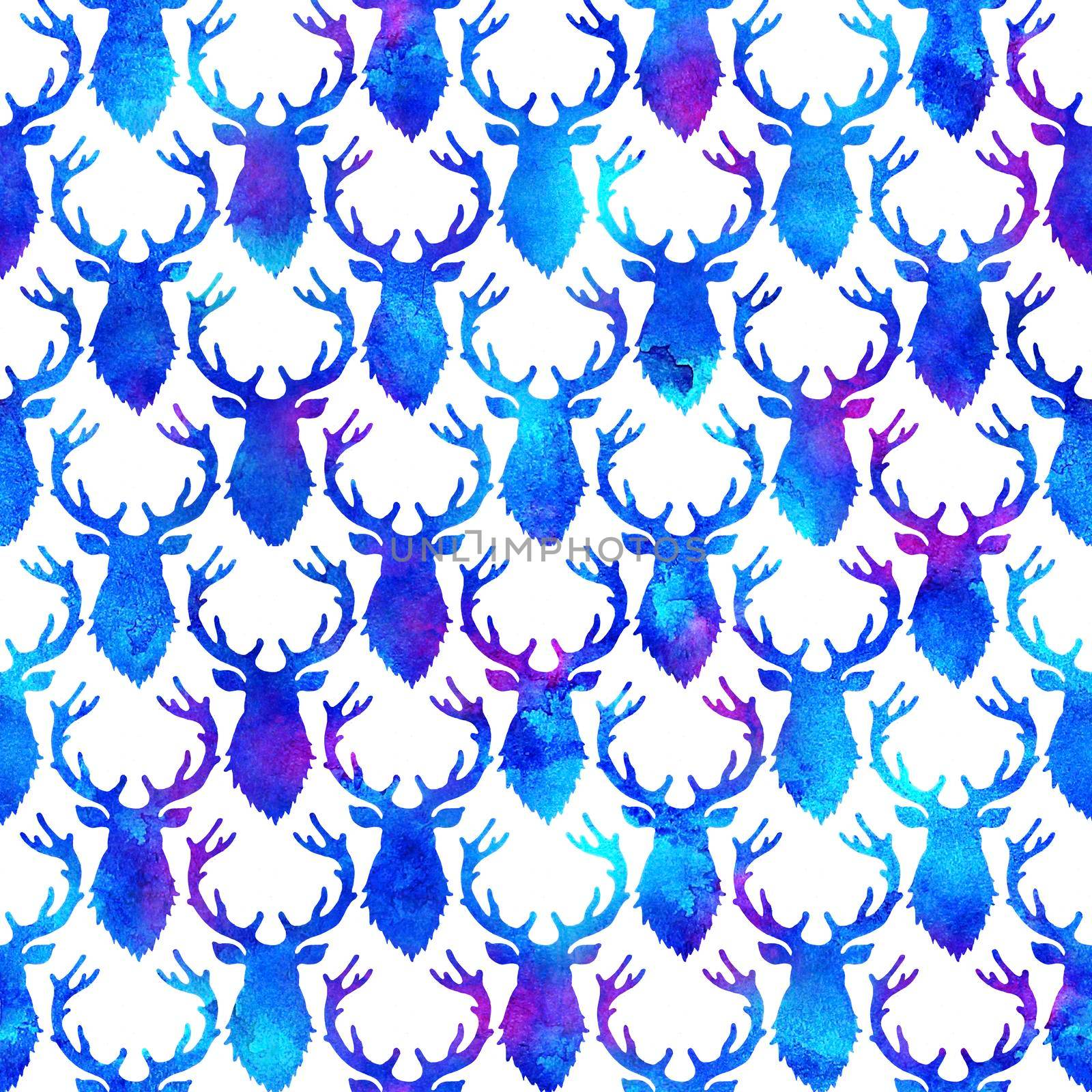 Reindeer XMAS watercolor Deer Stag eamless Pattern in Blue Color. Hand Painted Animal Moose background or wallpaper for Ornament, Wrapping or Christmas Gift.