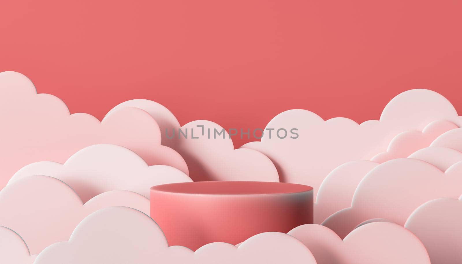 podium for product display among flat clouds with reddish tones. 3d rendering