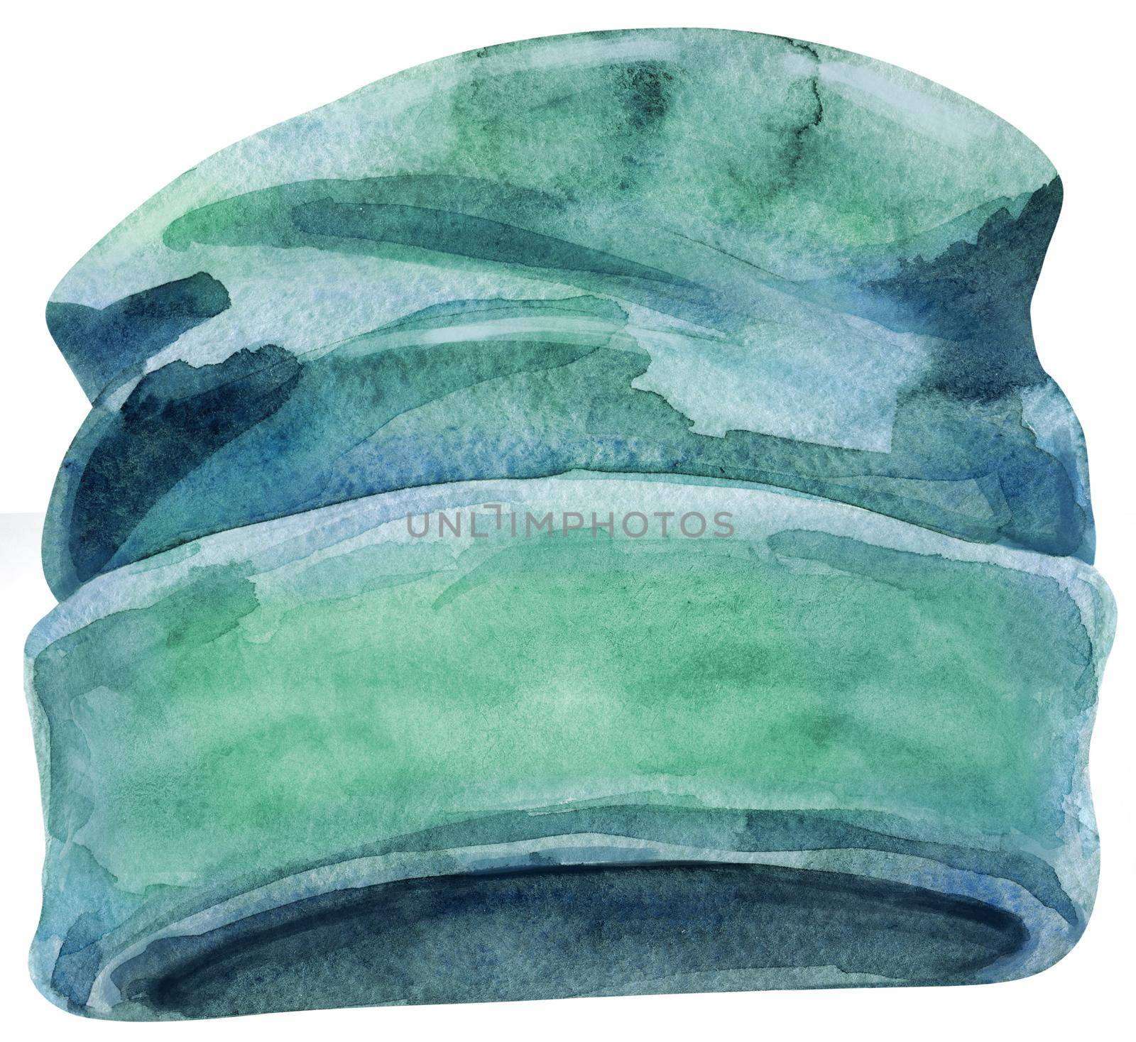 Watercolor sketch of winter green hat a white background