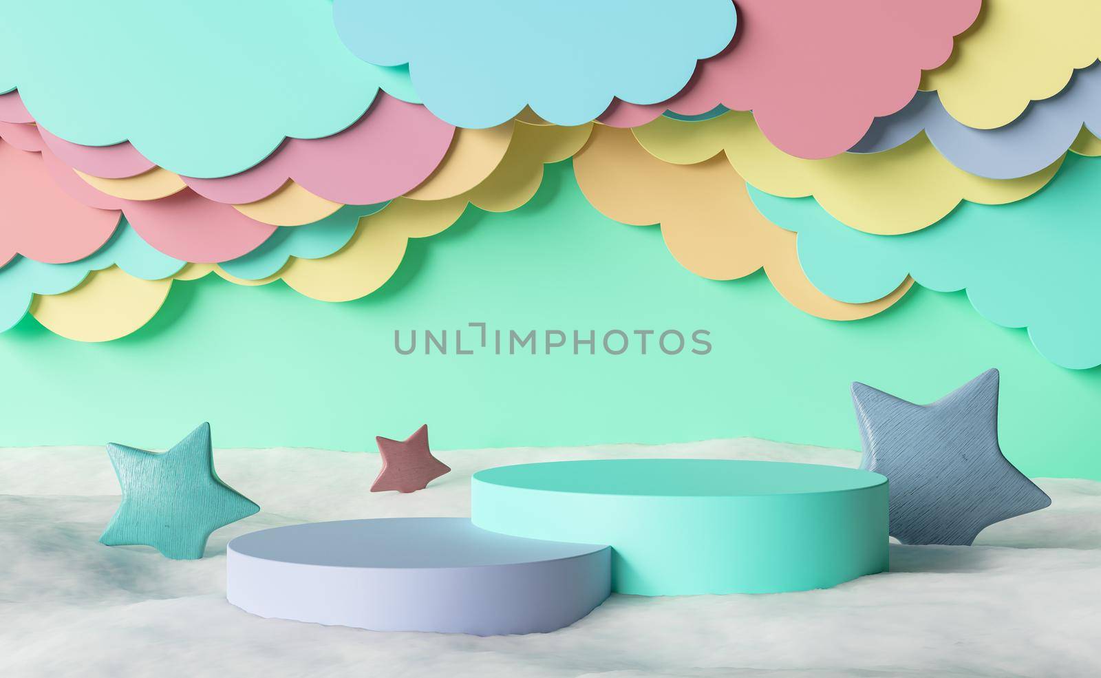 product display podium with wooden stars around and cotton floor with flat clouds in the background. children's background. 3d rendering