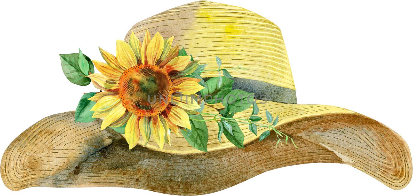 Watercolor women's yellow summer hat with sunflower by NataOmsk