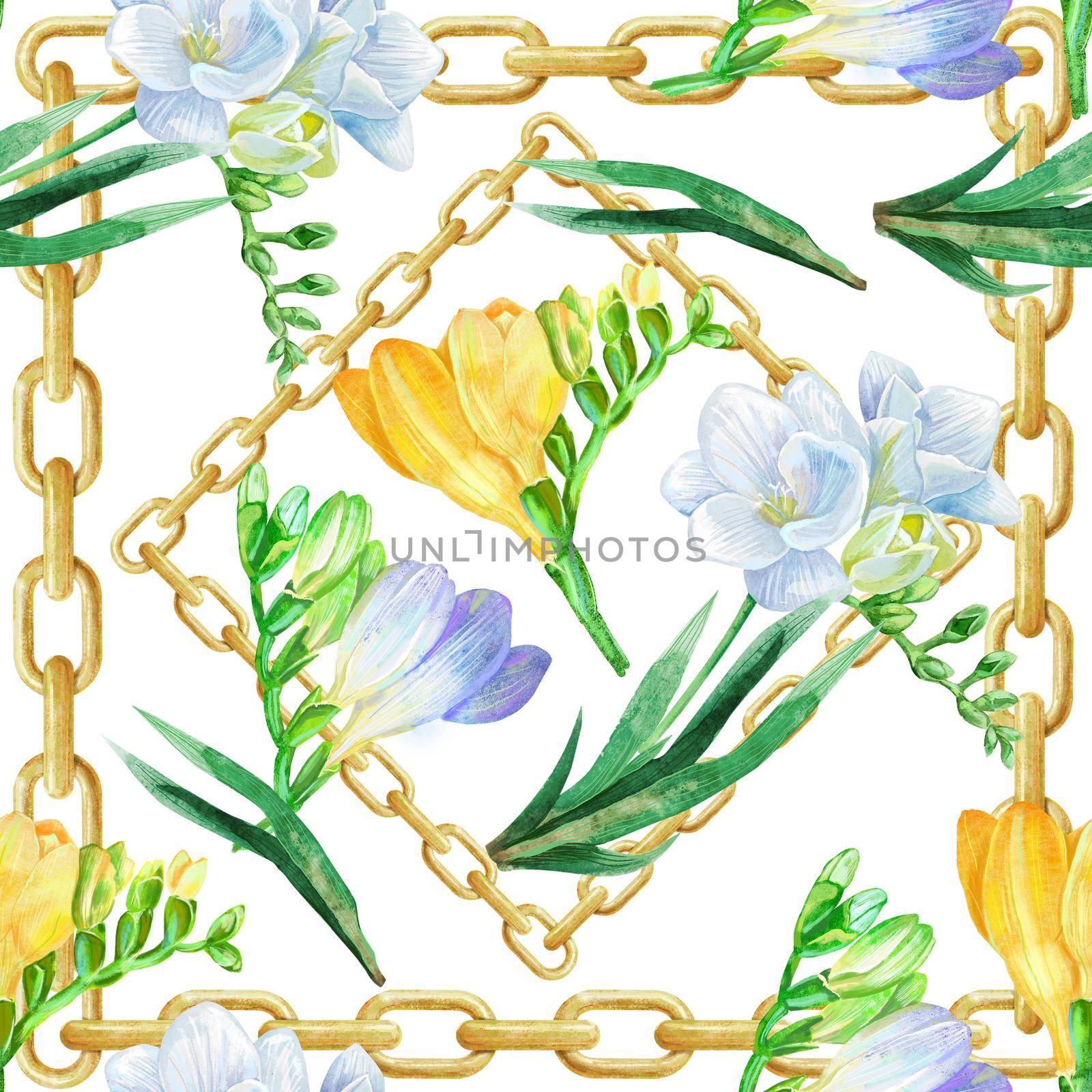 Watercolor white and violet freesia flower with gold chains. Seamless background pattern. Silhouette, petal. by NataOmsk