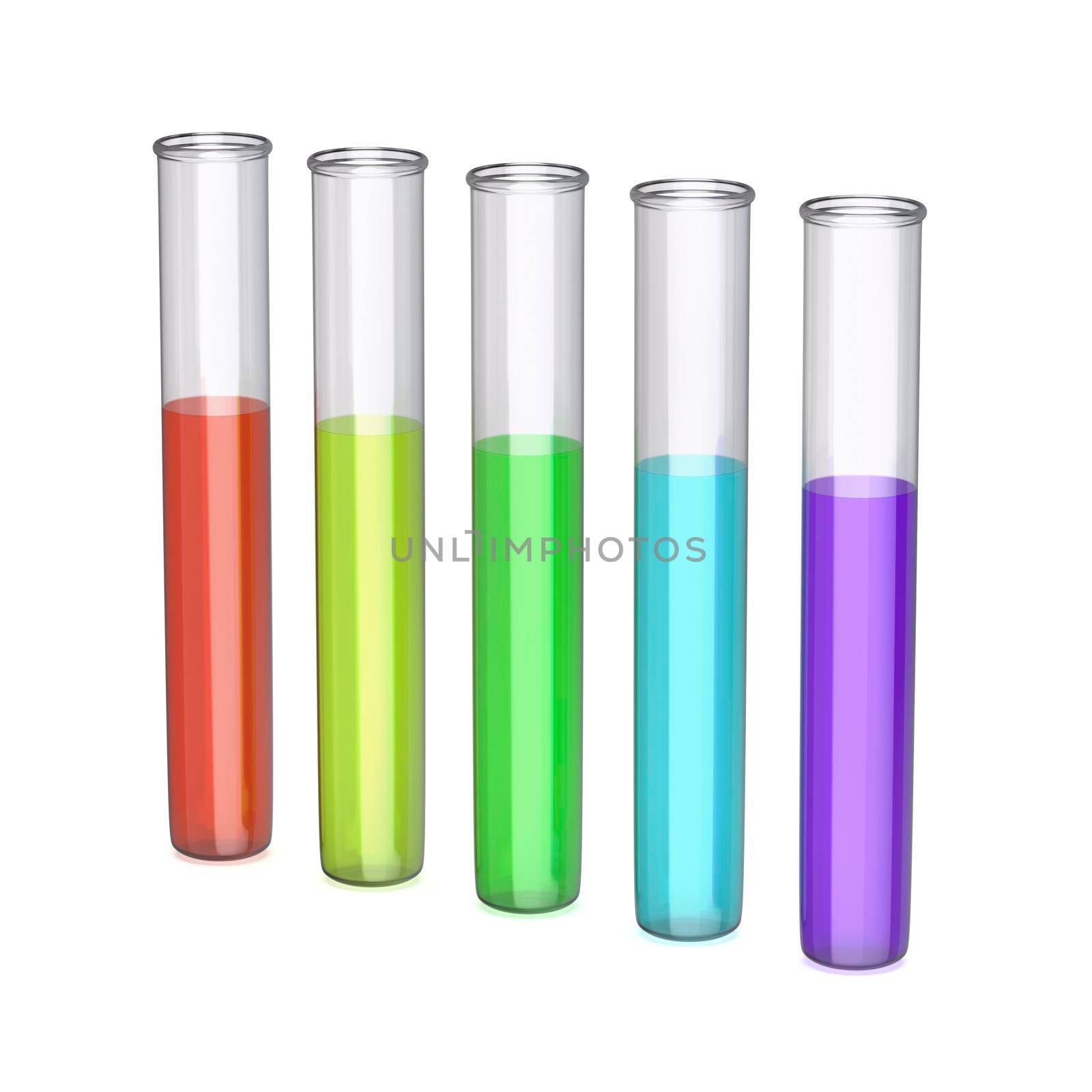 Colored liquids in test tubes on white background