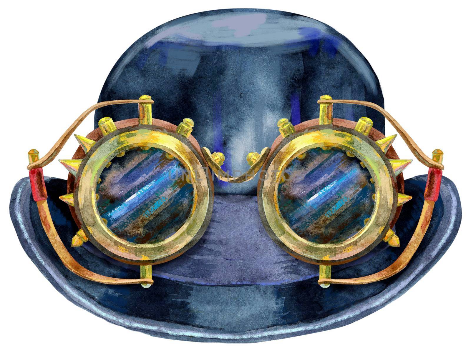 Watercolor black hat bowler with steampunk glasses illustration. For clothing design