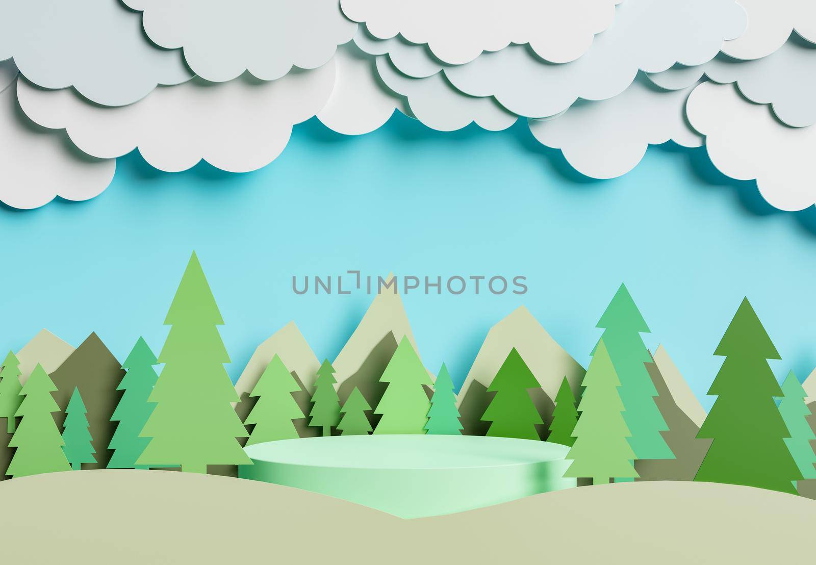 3d landscape with mountains and pine trees in flat design and a cylinder for product display. layered paper art style. 3d rendering