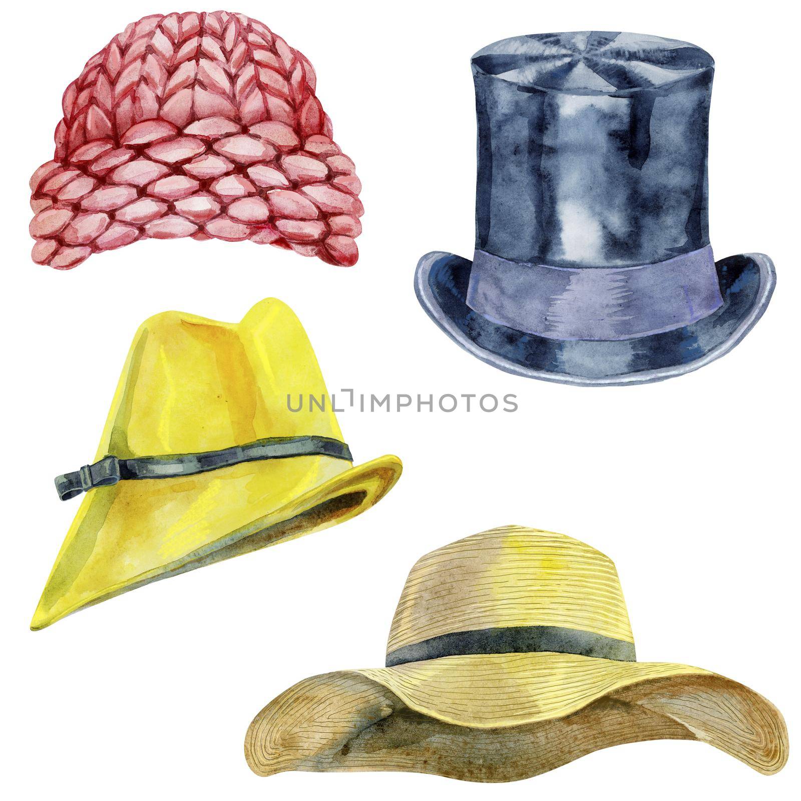 Pink knitted hat, top hat, yellow women's hat, straw summer hat. Watercolor drawing set