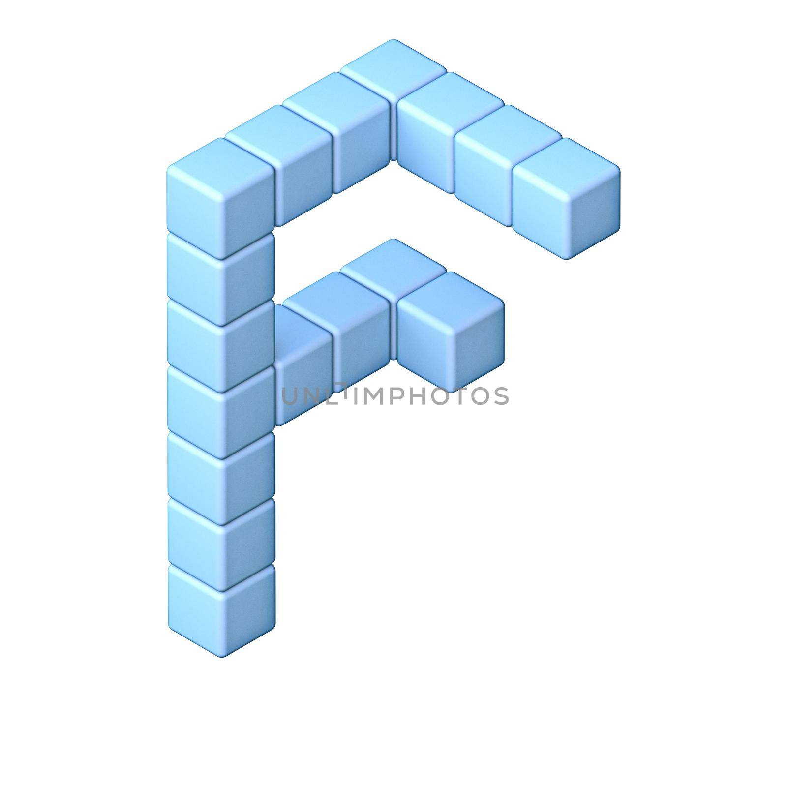 Blue cube orthographic font Letter F 3D render illustration isolated on white background