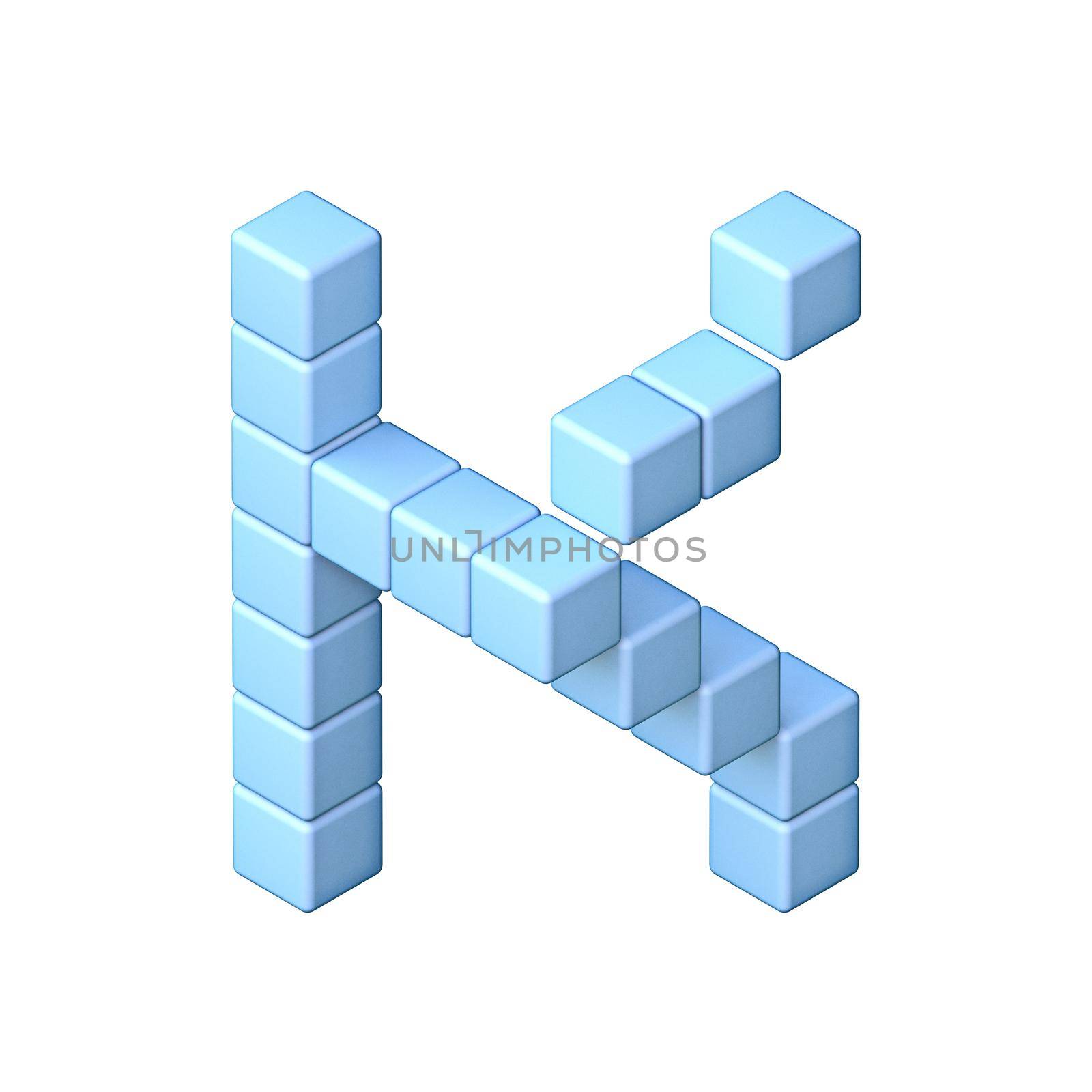 Blue cube orthographic font Letter K 3D render illustration isolated on white background