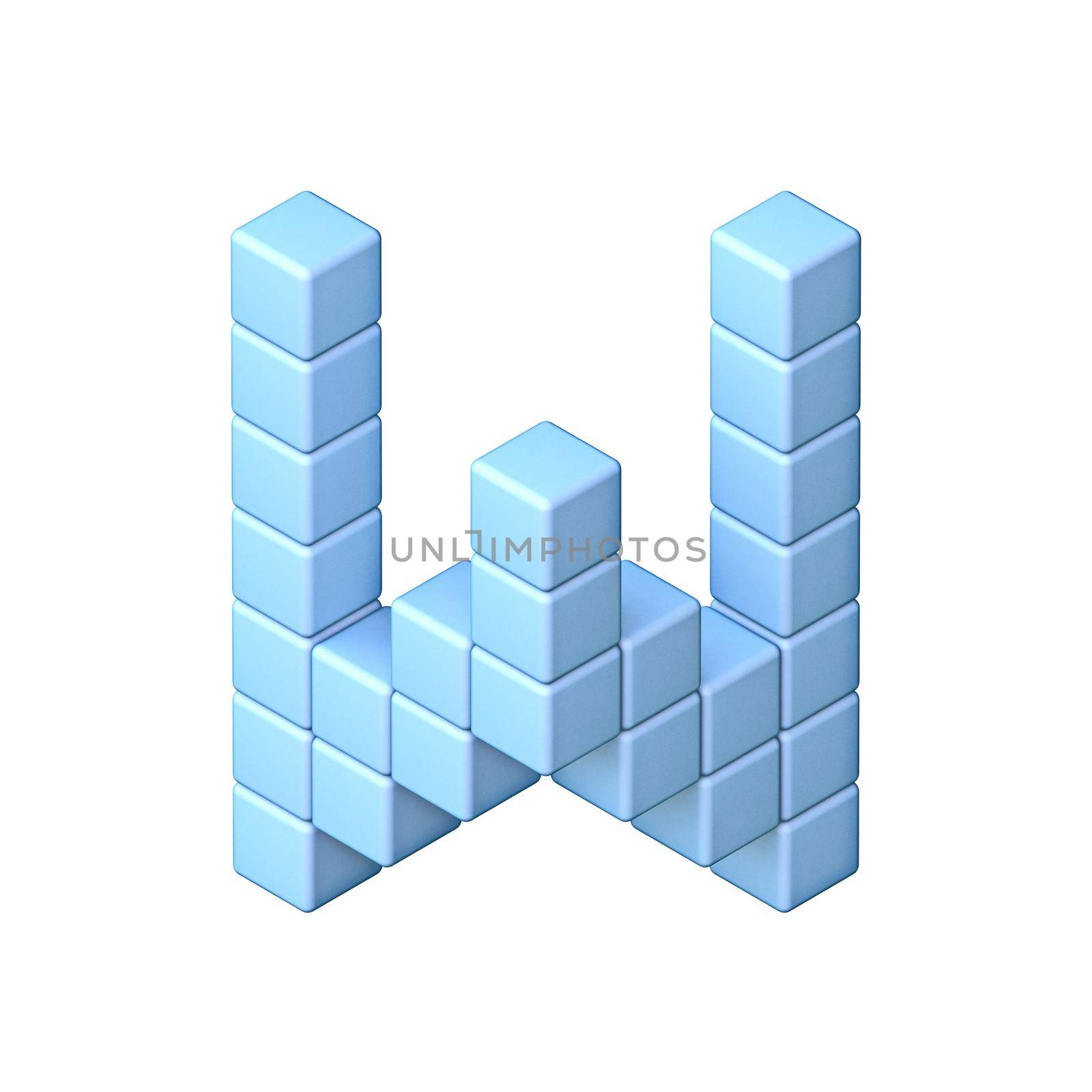 Blue cube orthographic font Letter W 3D render illustration isolated on white background