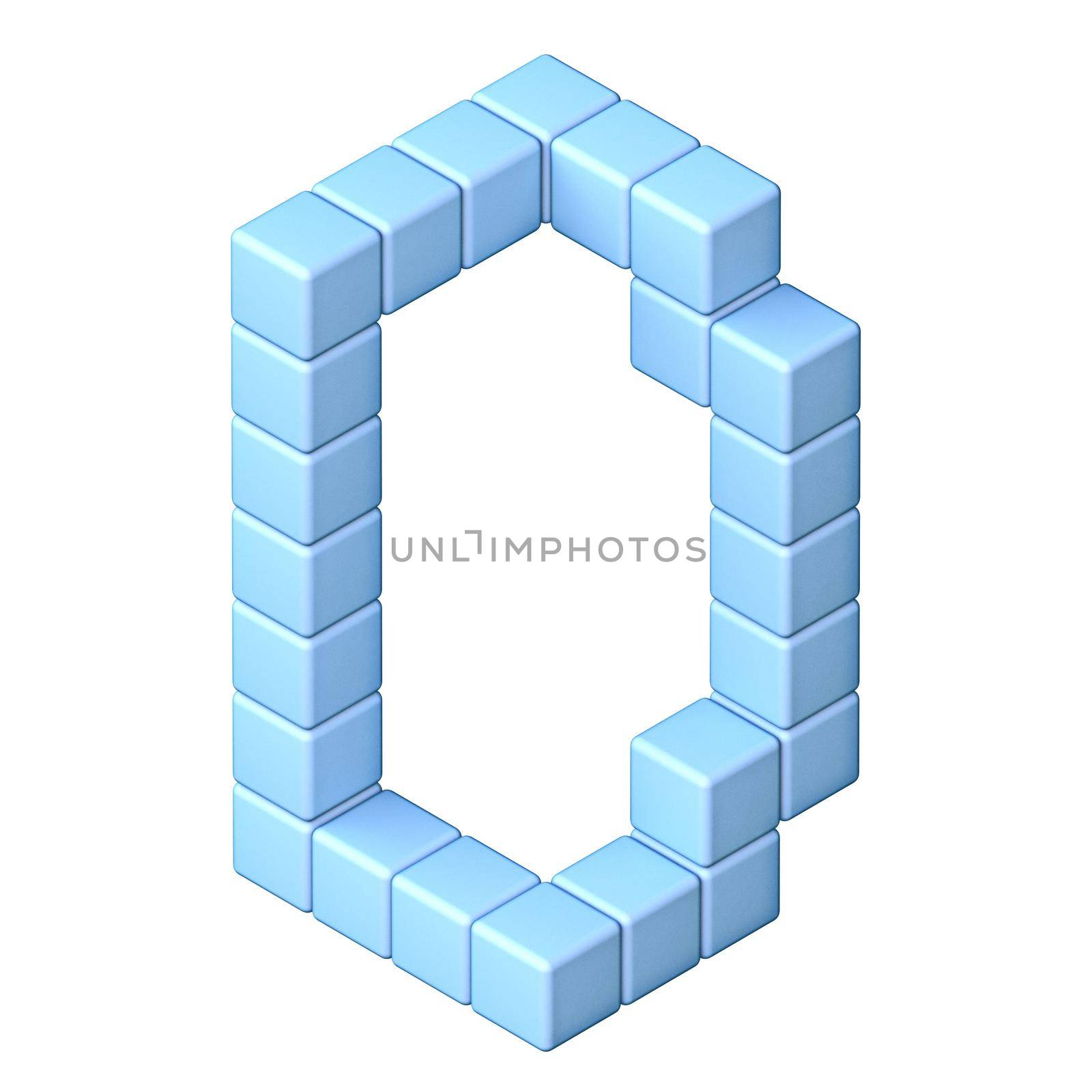 Blue cube orthographic font Letter D 3D render illustration isolated on white background