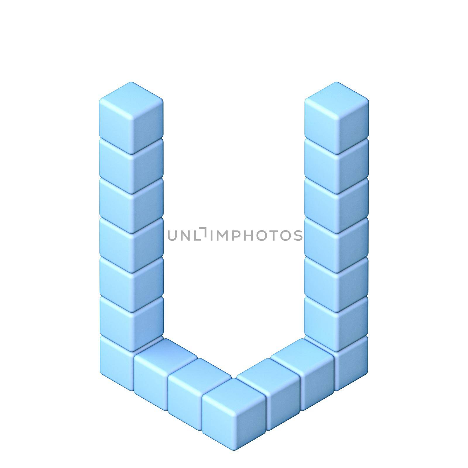 Blue cube orthographic font Letter U 3D render illustration isolated on white background