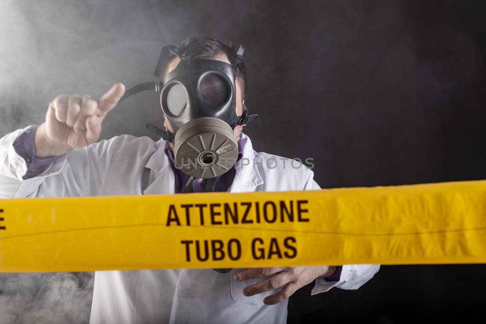 A medical engineer with antigas mask during the gas leaks crisis by bepsimage