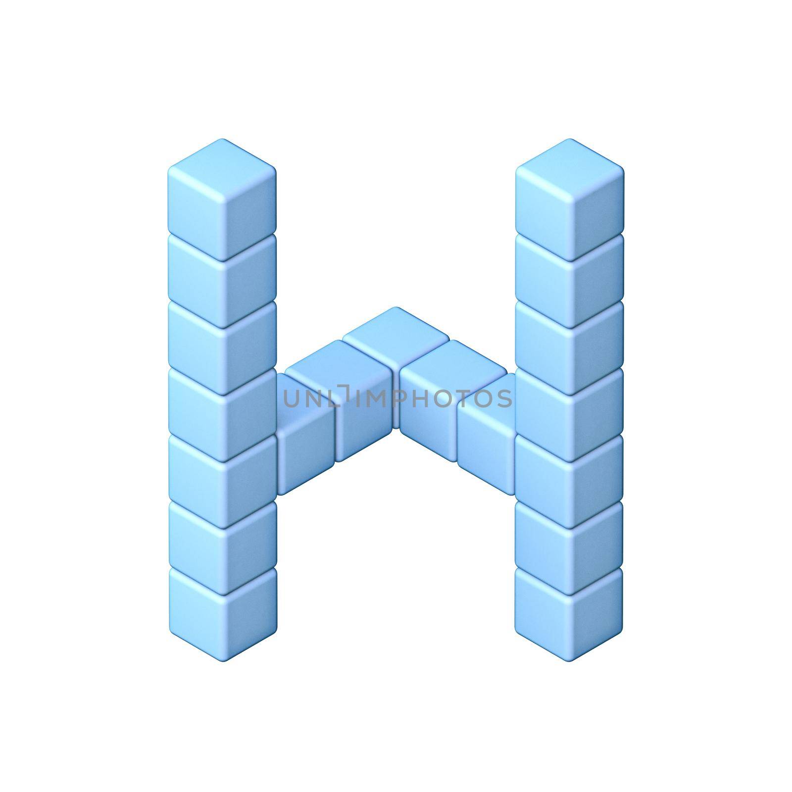 Blue cube orthographic font Letter H 3D render illustration isolated on white background