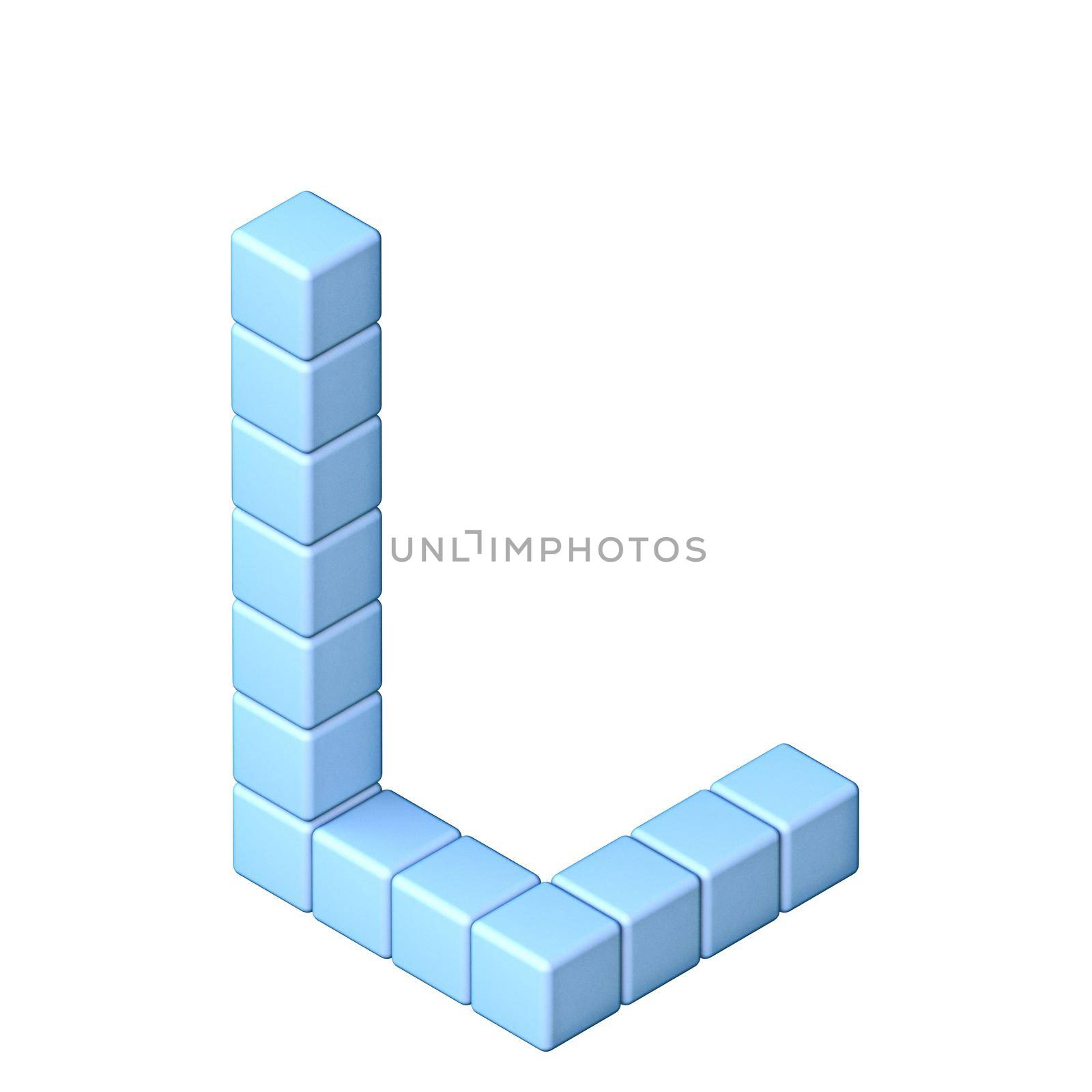 Blue cube orthographic font Letter L 3D render illustration isolated on white background