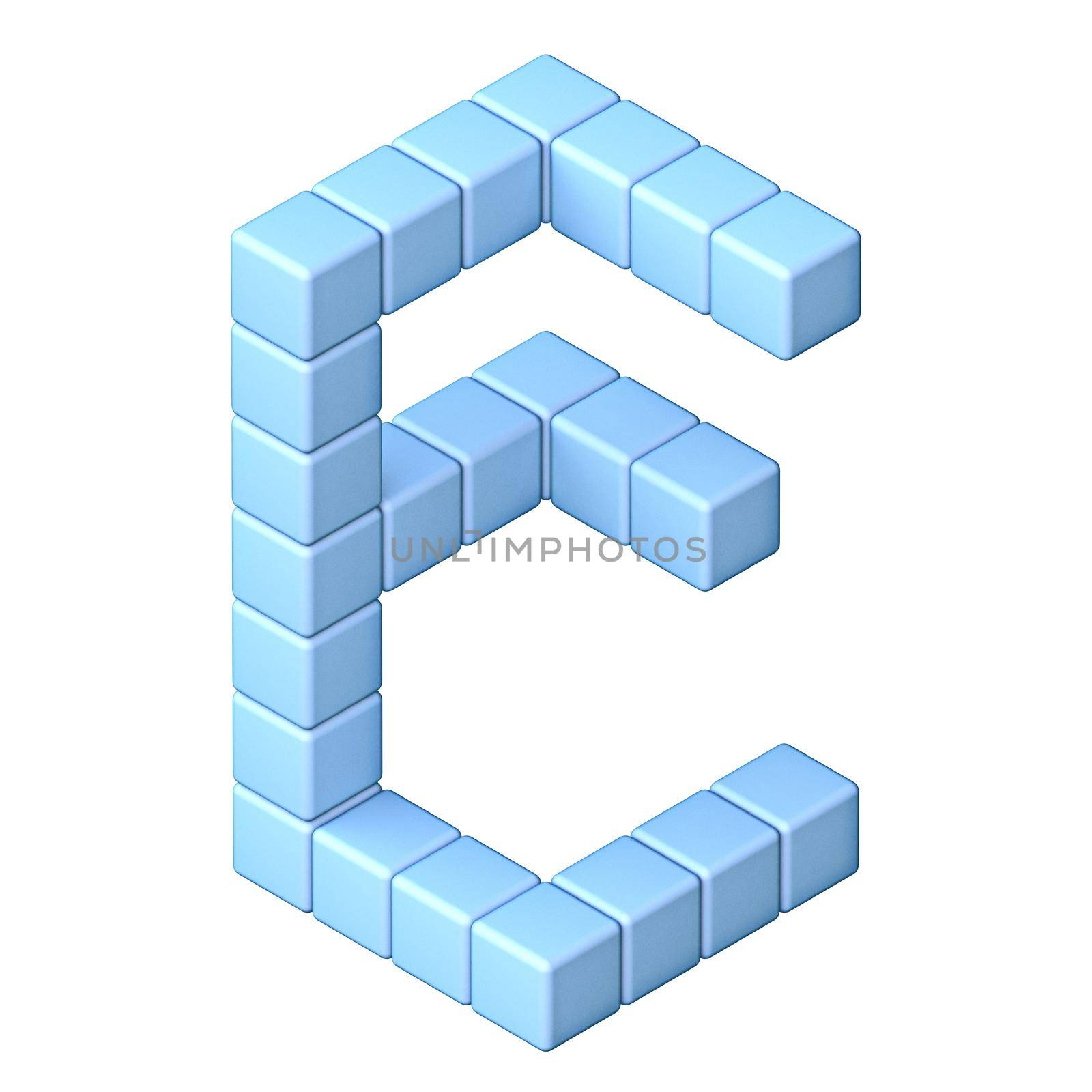 Blue cube orthographic font Letter E 3D render illustration isolated on white background