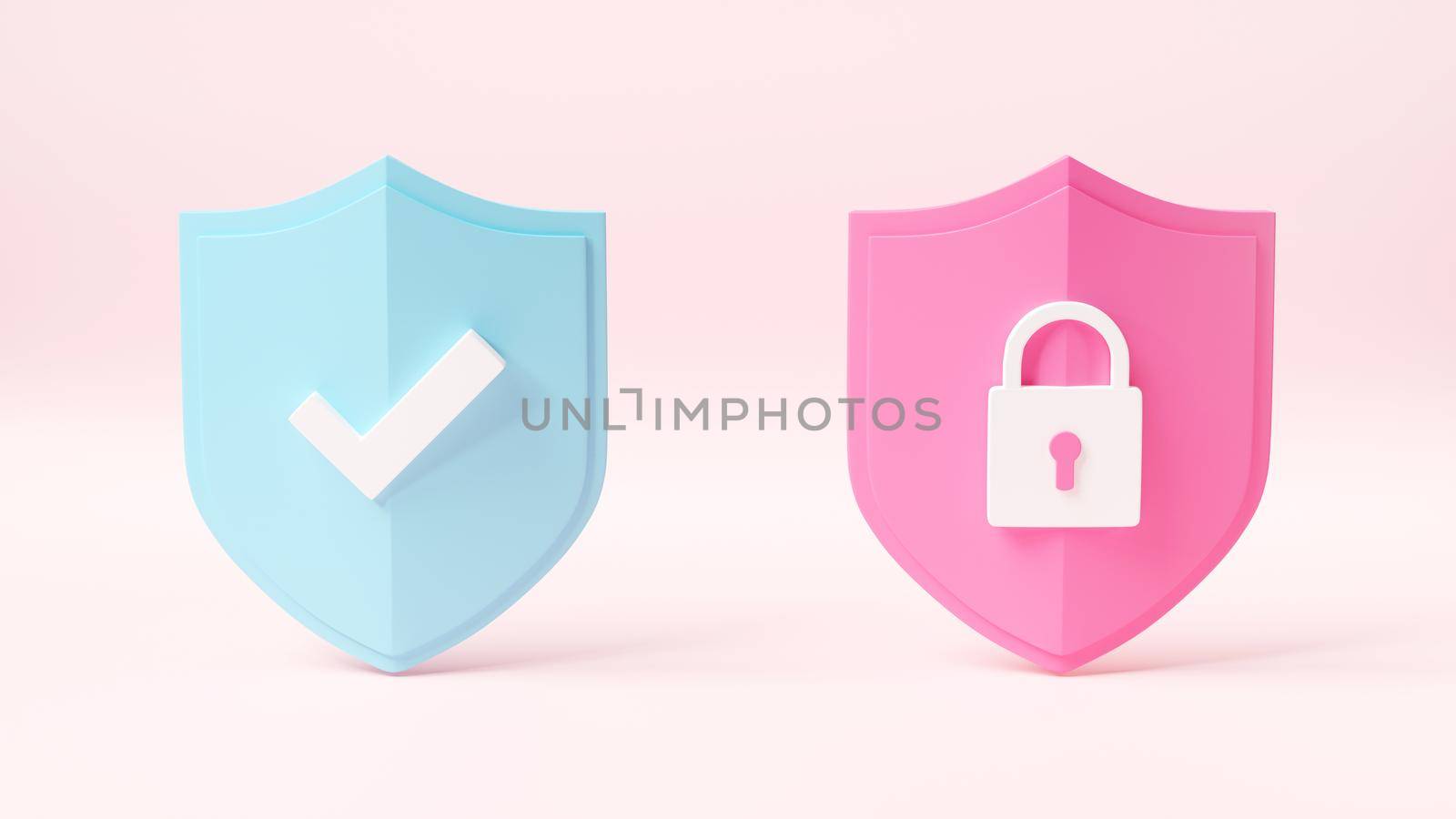 Protection padlock abstract shield security with lock data symbol icon on pink background, Firewall access internet privacy sign, secure network web emblem template, 3D rendering illustration