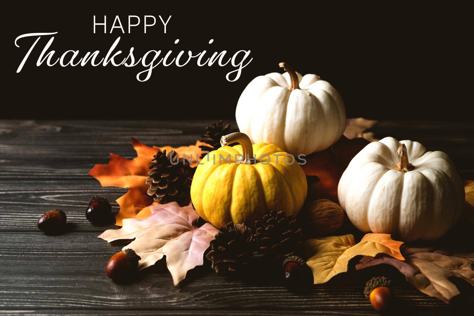 Happy Thanksgiving Day with pumpkin and nut on wooden table