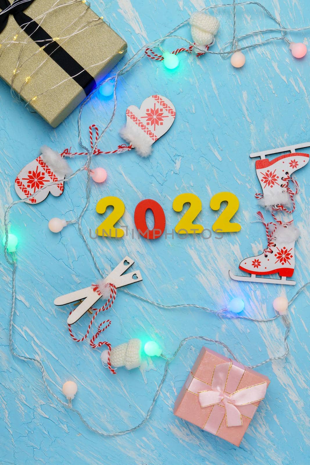 New Year Christmas holiday 2022 celebration box background copy space. Postcard text design. Vertical photo by darksoul72