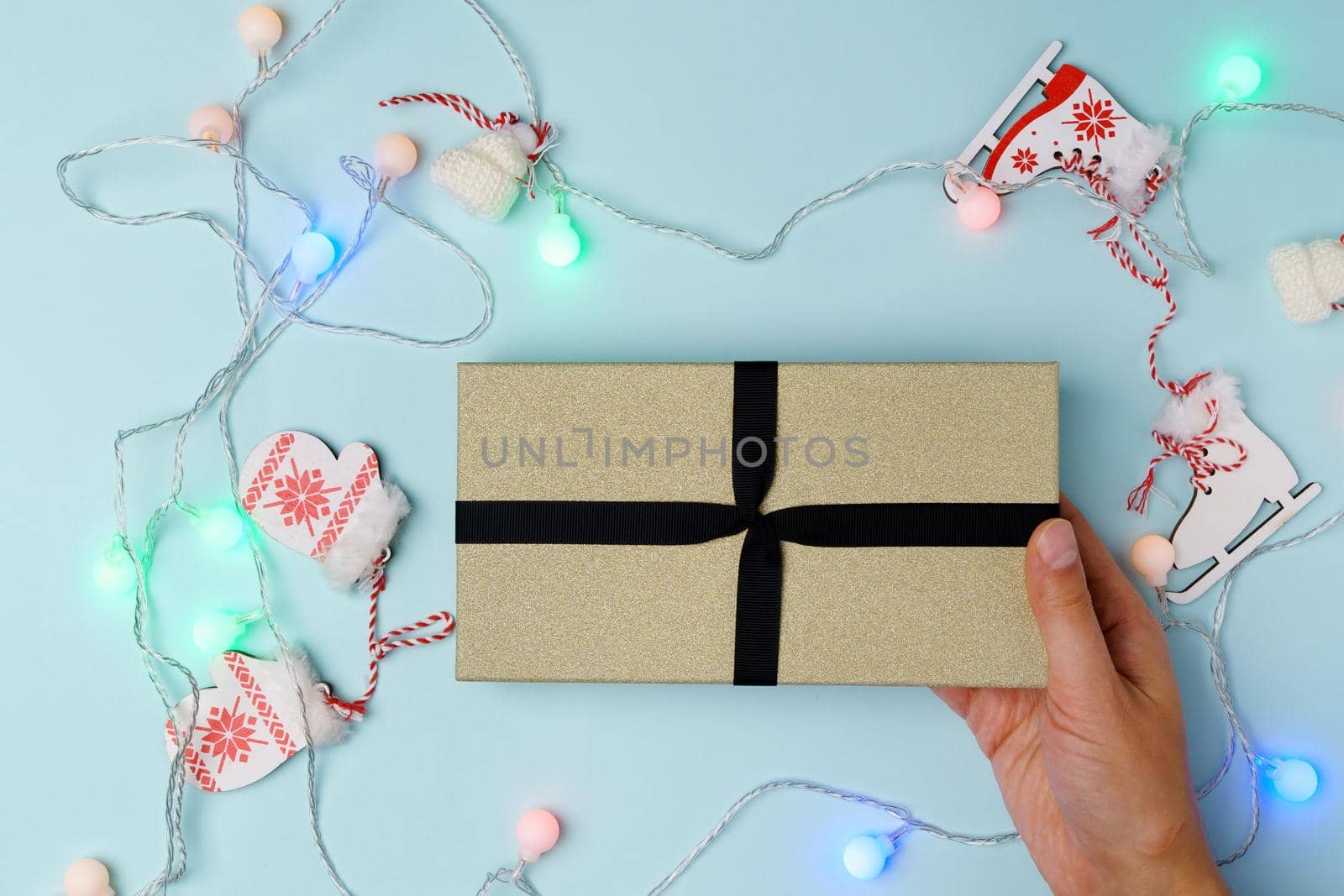 Christmas ornaments and gift boxes. Flat lay, top view. Christmas background.
