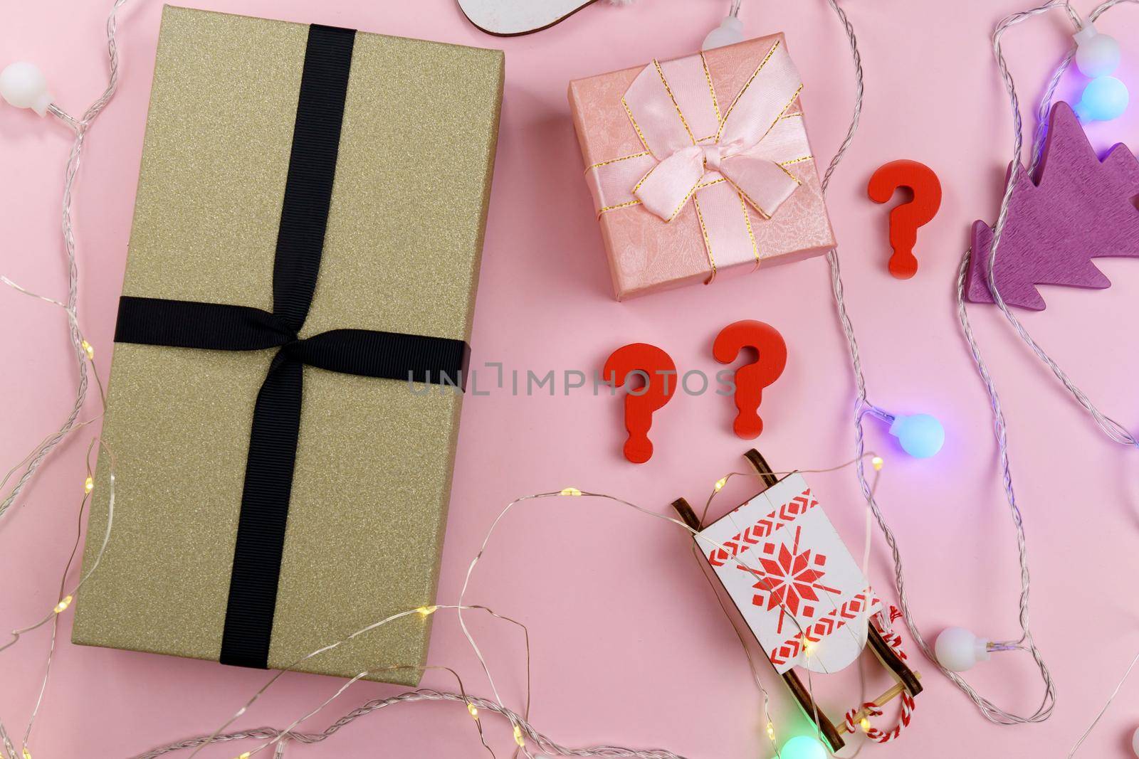 Choosing a gift, question. Christmas shopping, New Year Selective focus