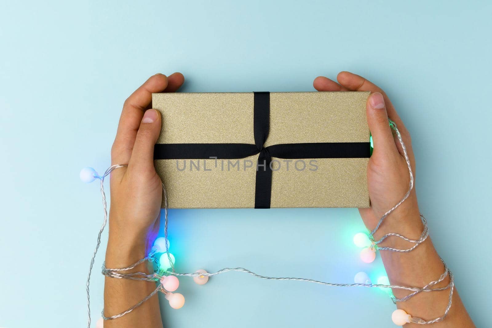 Gift box present gift, holiday, xmas, christmas 2022. shopping, sale banner, coupon concept. Blue background top view