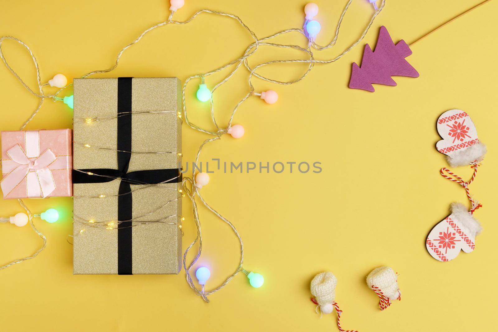 New Year or Christmas gift box holiday concept. Top view with empty space for text and design.