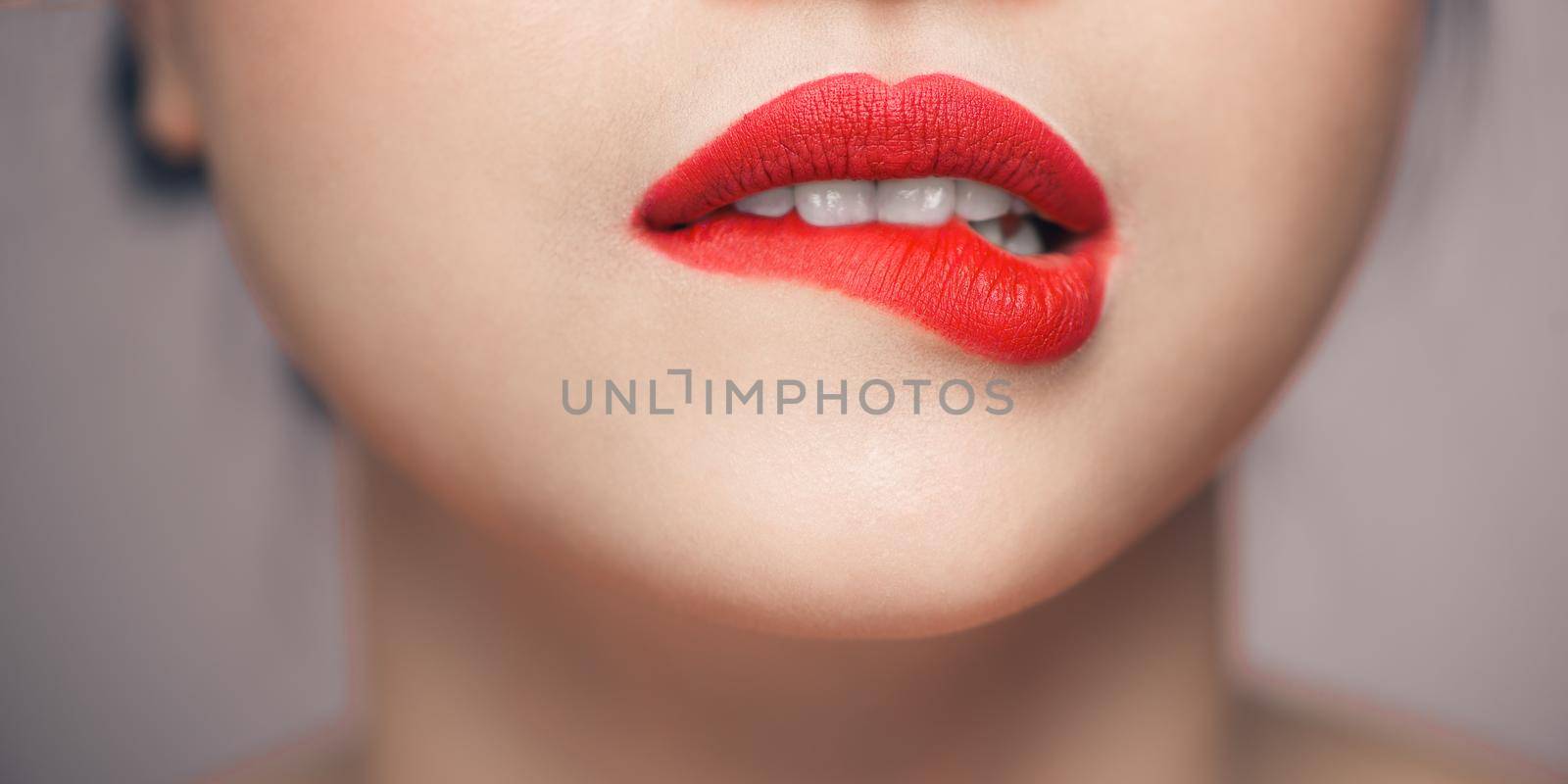  White Teeth Bit her lower Lip, Seductive Lips Red by makidotvn