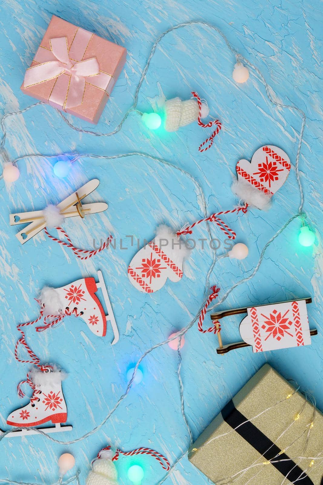 Christmas gift box with decaration. Xmas and Happy New Year composition. Flat lay, top view