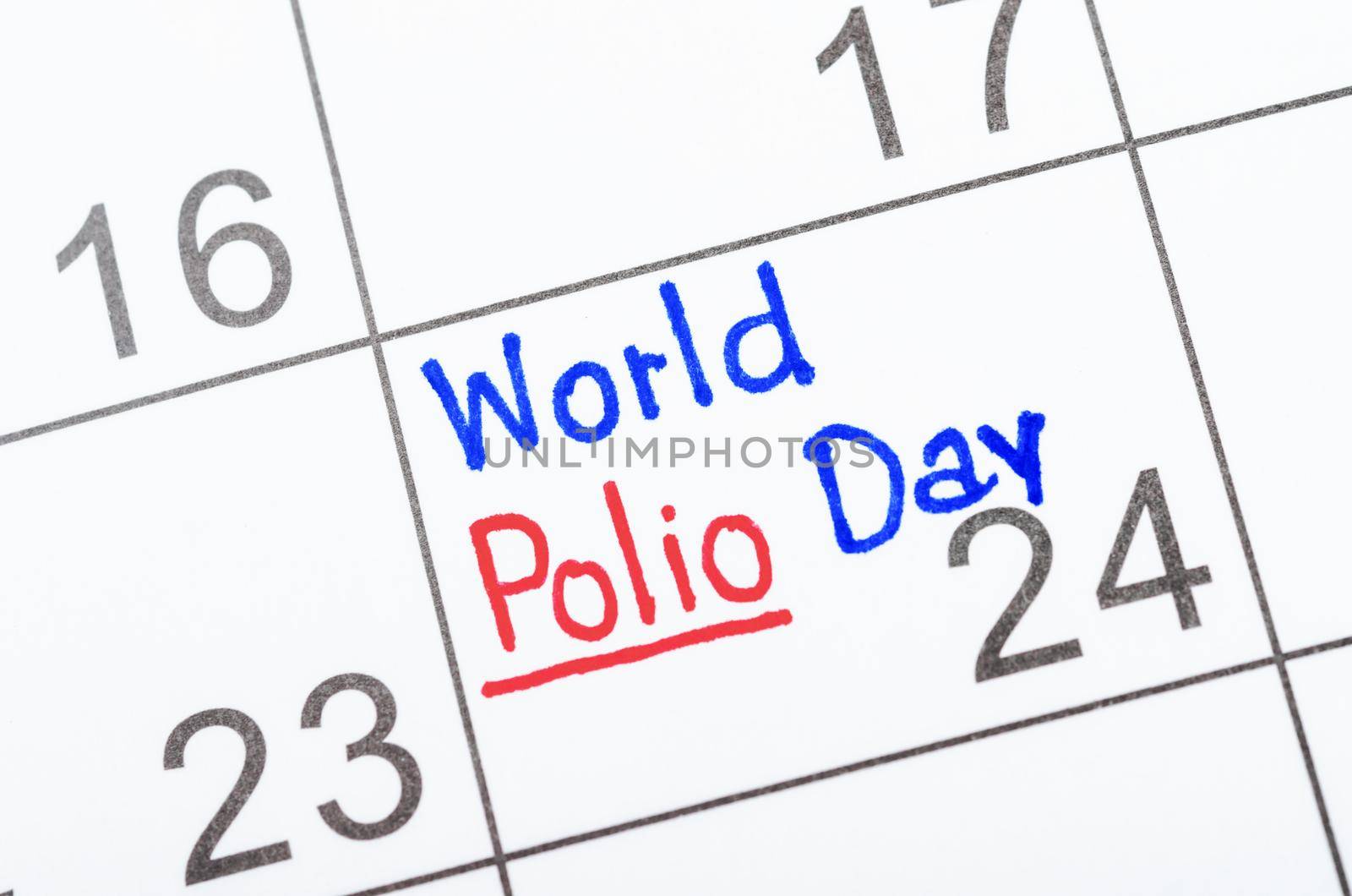 Handwritten World Polio day 24th October marked on a white calendar.