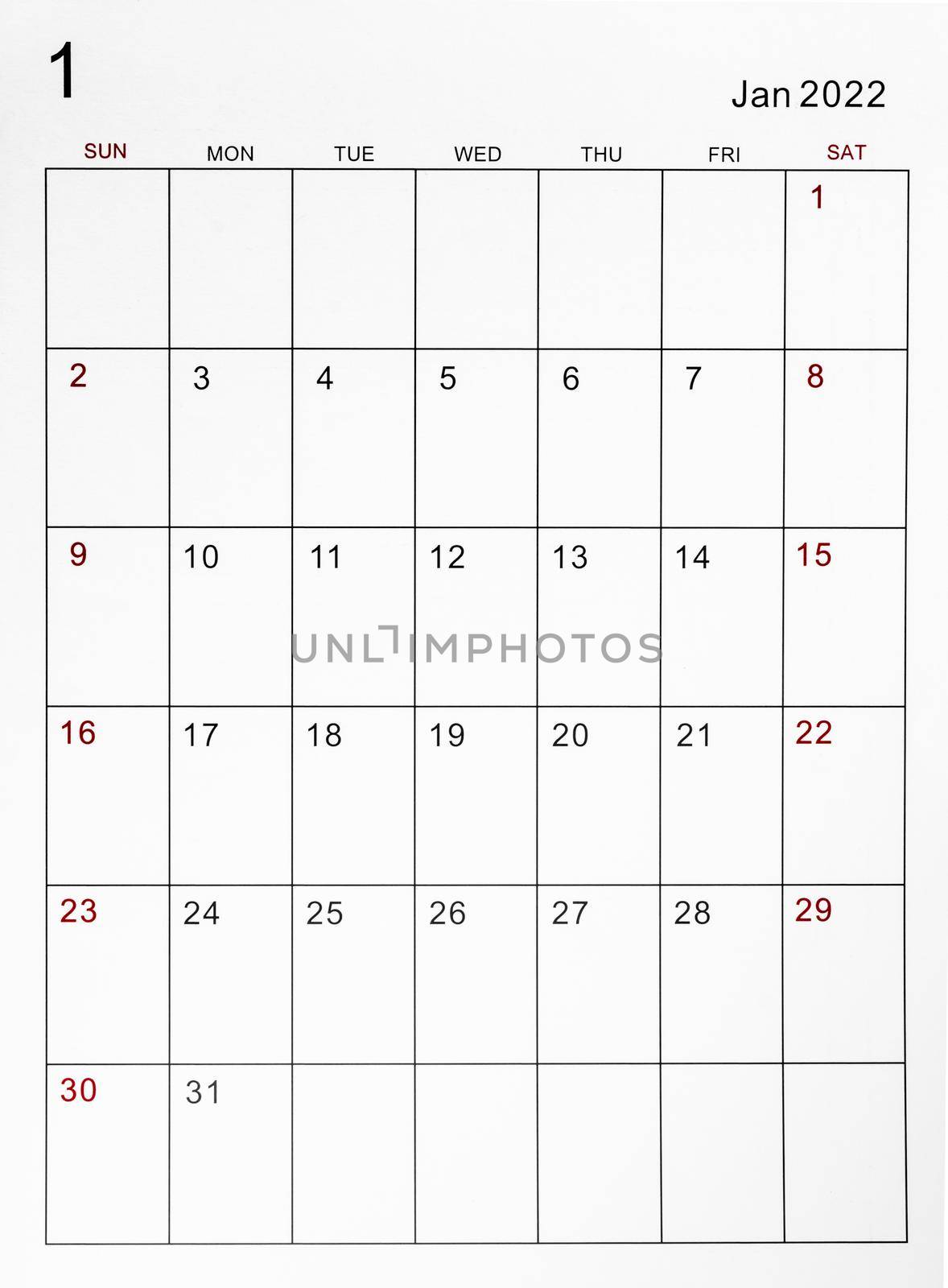 The January 2022 calendar template.