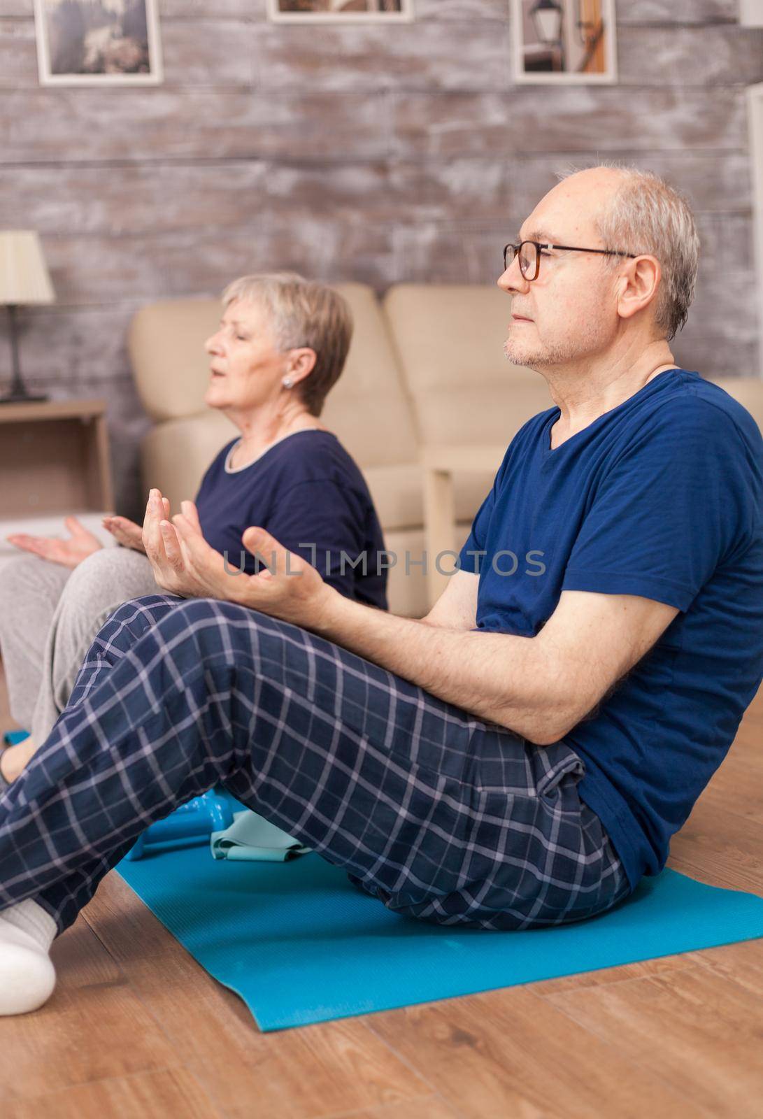 Pensioner learning yoga technique in their apartment. Old person healthy lifestyle exercise at home, workout and training, sport activity at home on yoga mat.