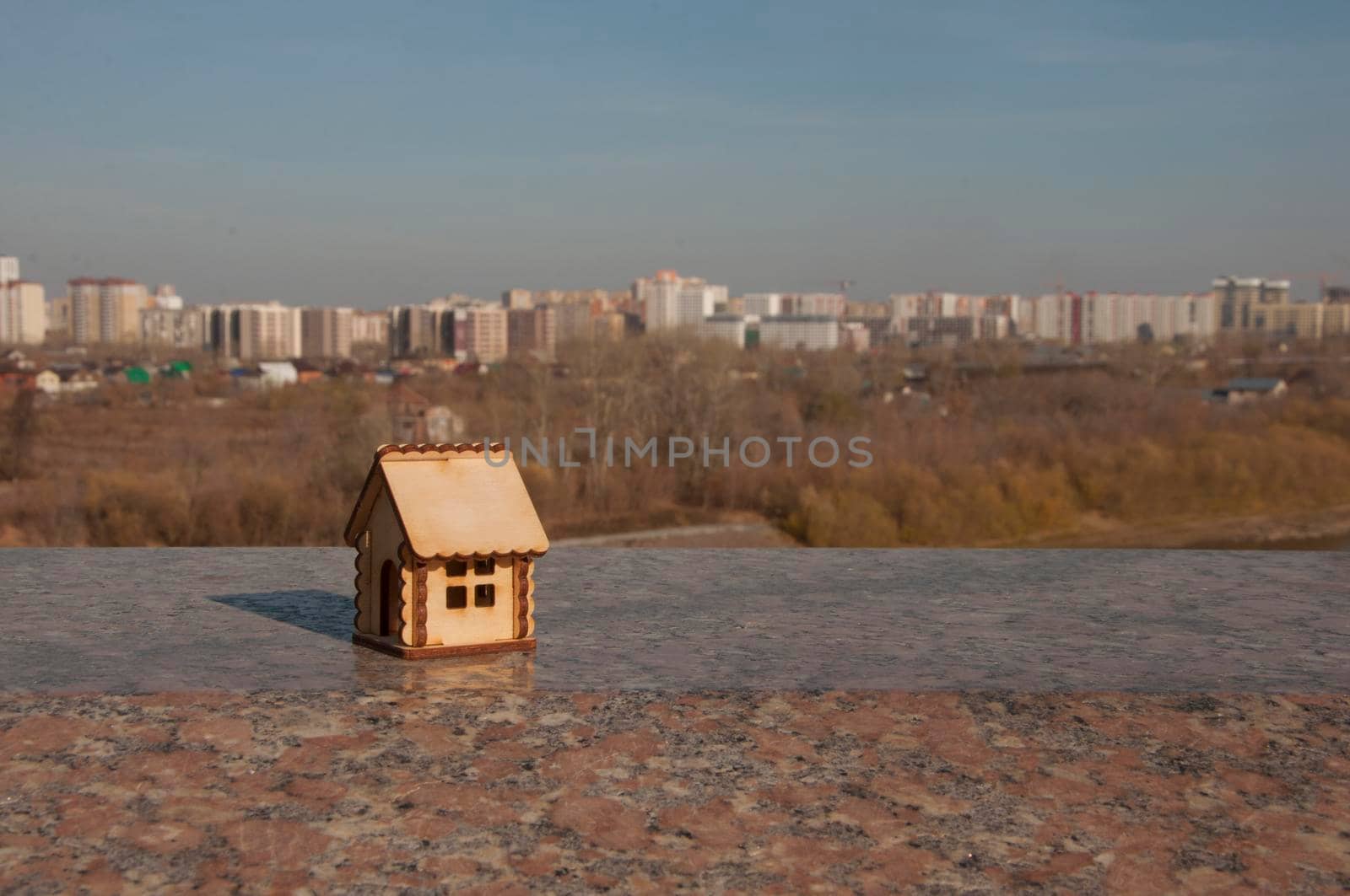 Miniature wooden house outdoor nature. Real estate concept. Modern housing. Eco-friendly energy efficient house. Buying home outside the city Fresh air. Mortgage, loan.