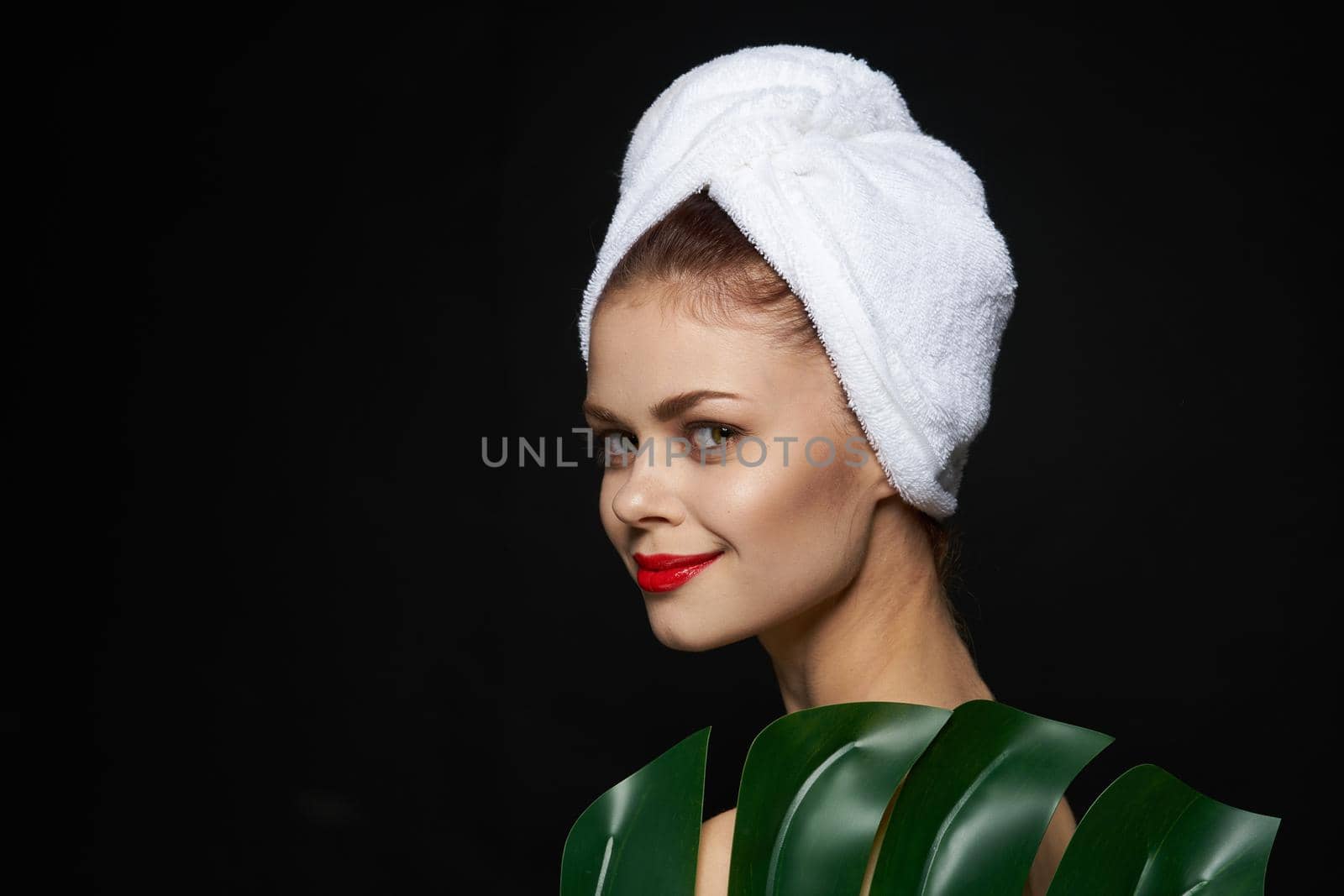 pretty woman bare shoulders red lips posing isolated background. High quality photo