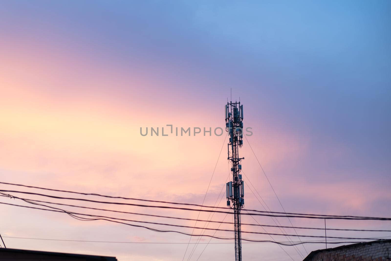 Cell Tower Silhouette Against Orange Sunset Communication Tower Technology Concept Handheld Transmitter Equipment Fort Television Cell Phones Internet Signal
