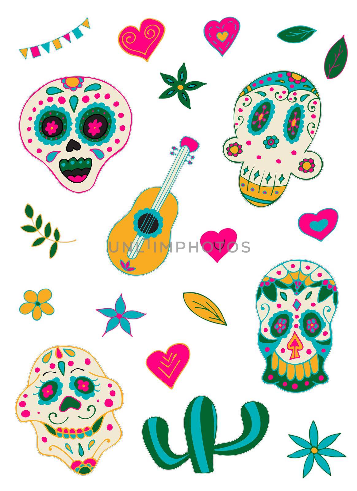 Day of the Dead Printable Sticker Pack. Dia de los Muertos. Sugar Skulls with Colorful Mexican Elements and Flowers. by Rina_Dozornaya