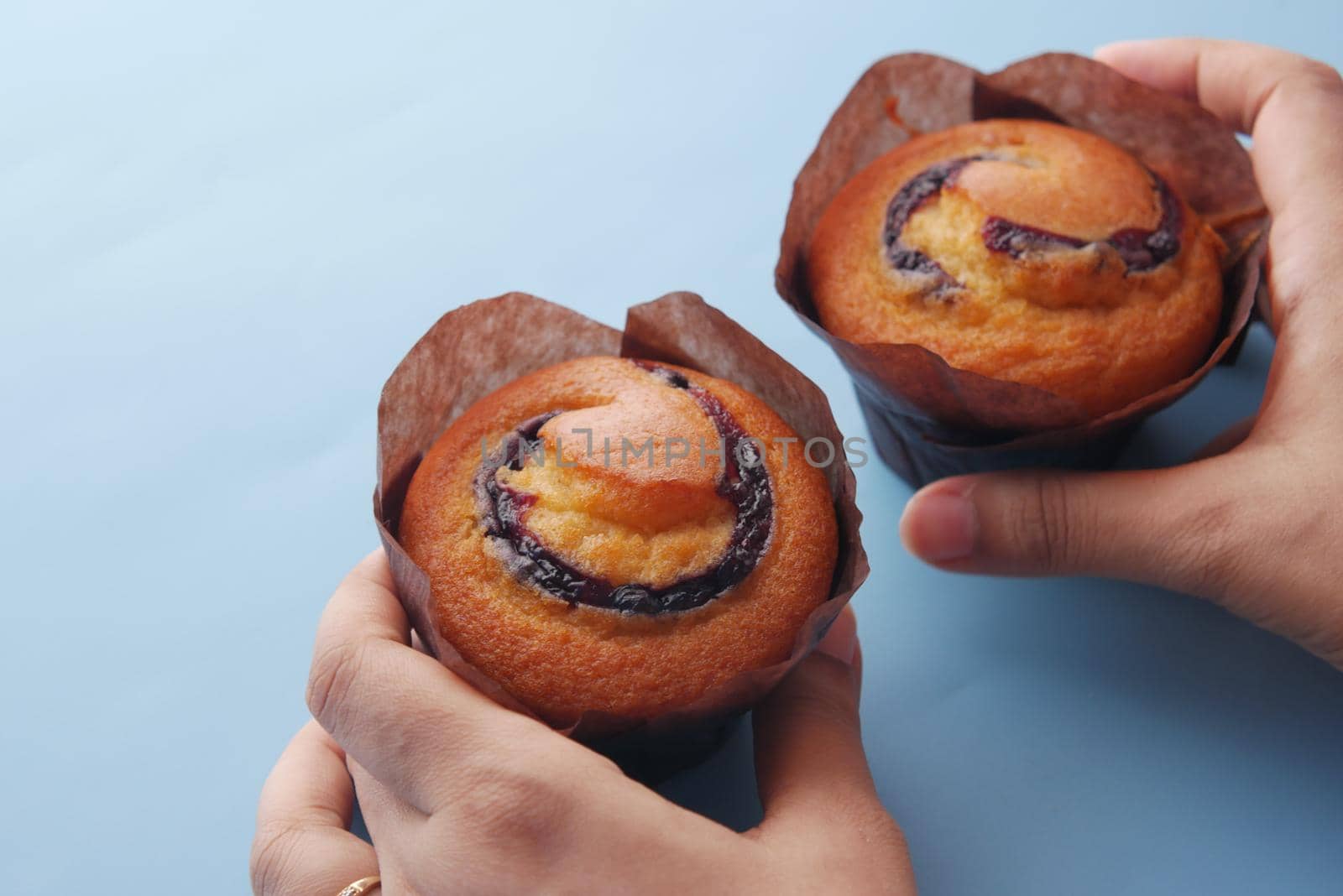 blueberry muffins on table with copy space .
