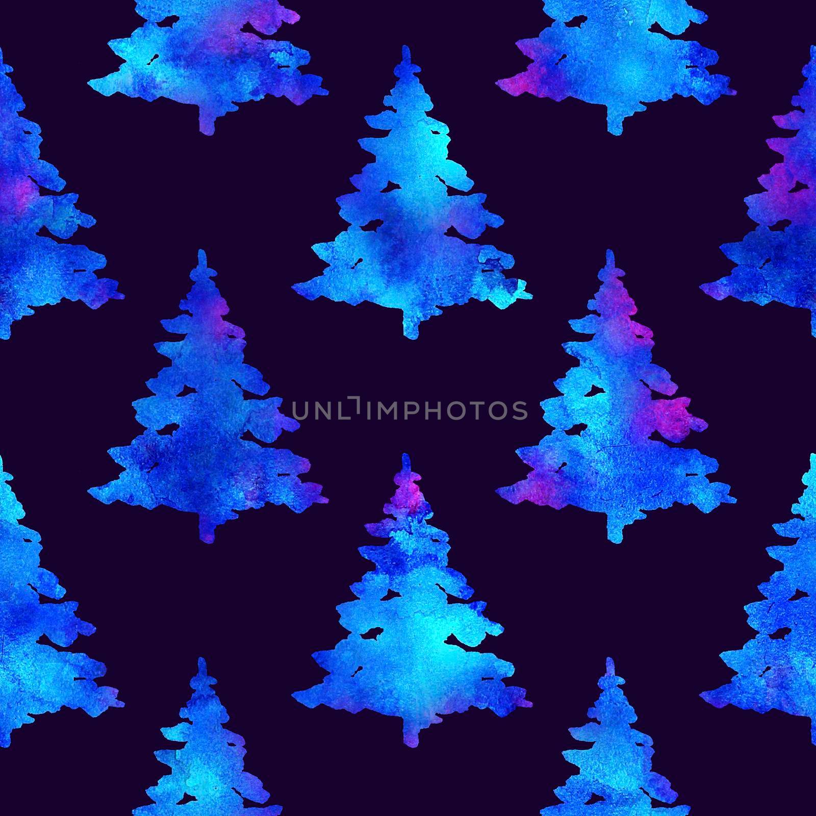 XMAS watercolour Fir Tree Seamless Pattern in White Color on Dark Blue background. Hand-Painted Spruce Pine tree wallpaper for Ornament, Wrapping or Christmas Decoration.