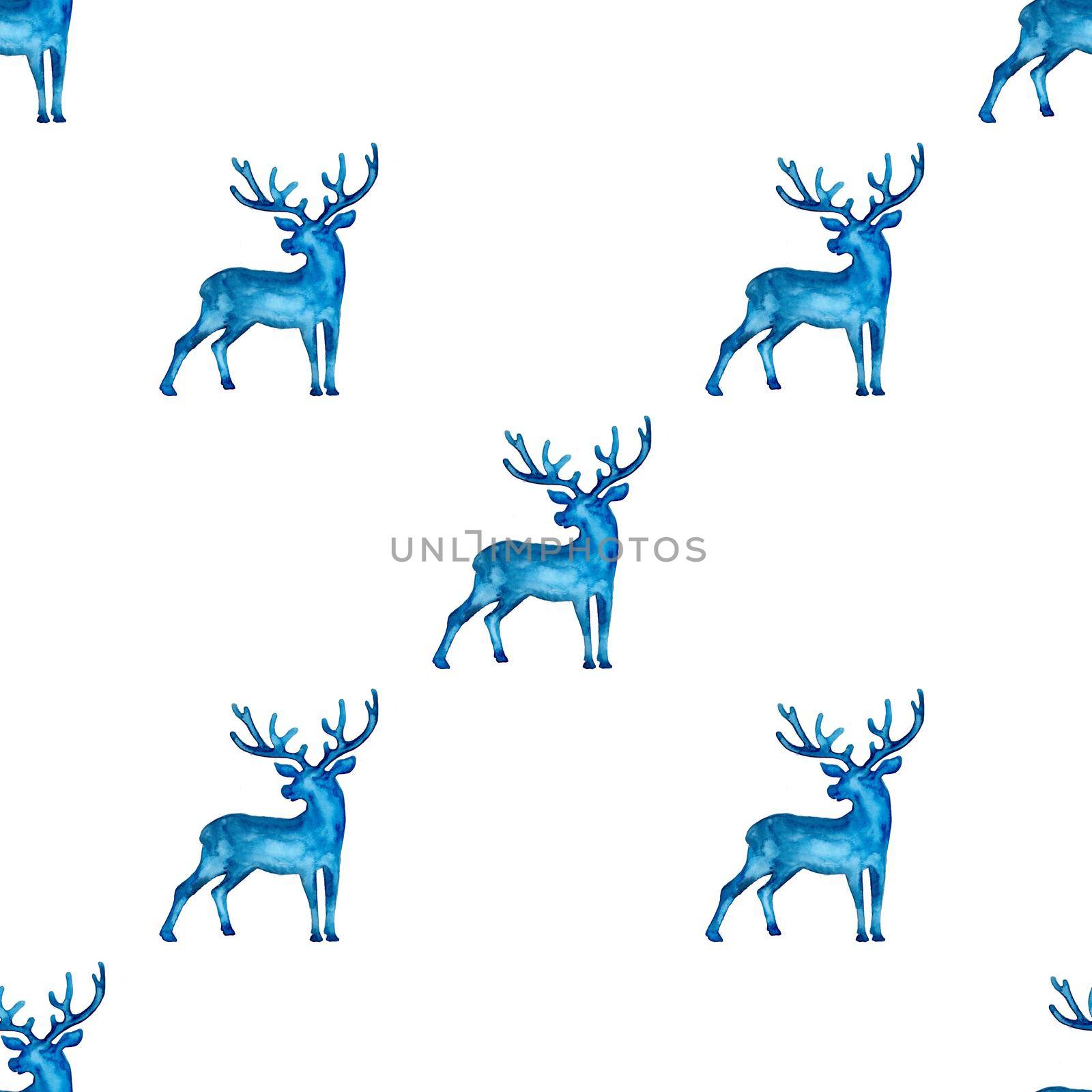 Reindeer XMAS watercolor Deer Stag eamless Pattern in Blue Color. Hand Painted Animal Moose background or wallpaper for Ornament, Wrapping or Christmas Gift by DesignAB