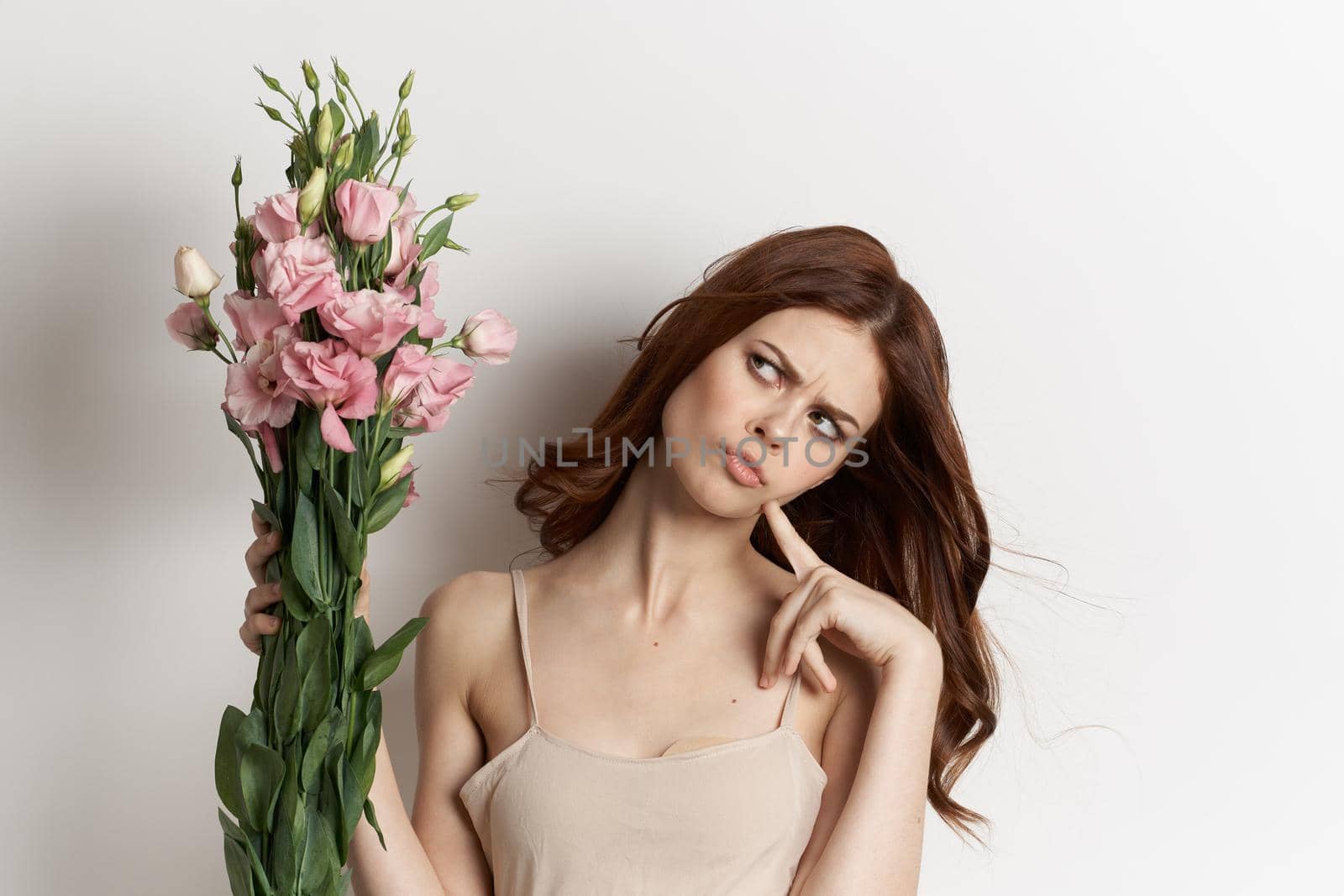 cheerful woman pink flower bouquet fashion summer lifestyle glamor. High quality photo