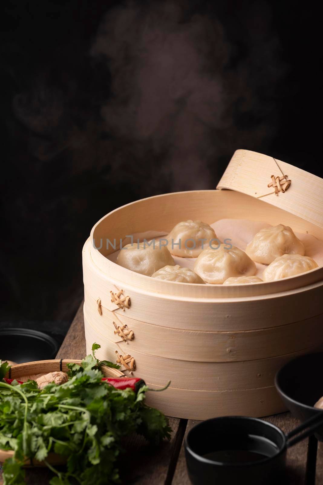 high angle traditional asian dumplings with copy space. High resolution photo