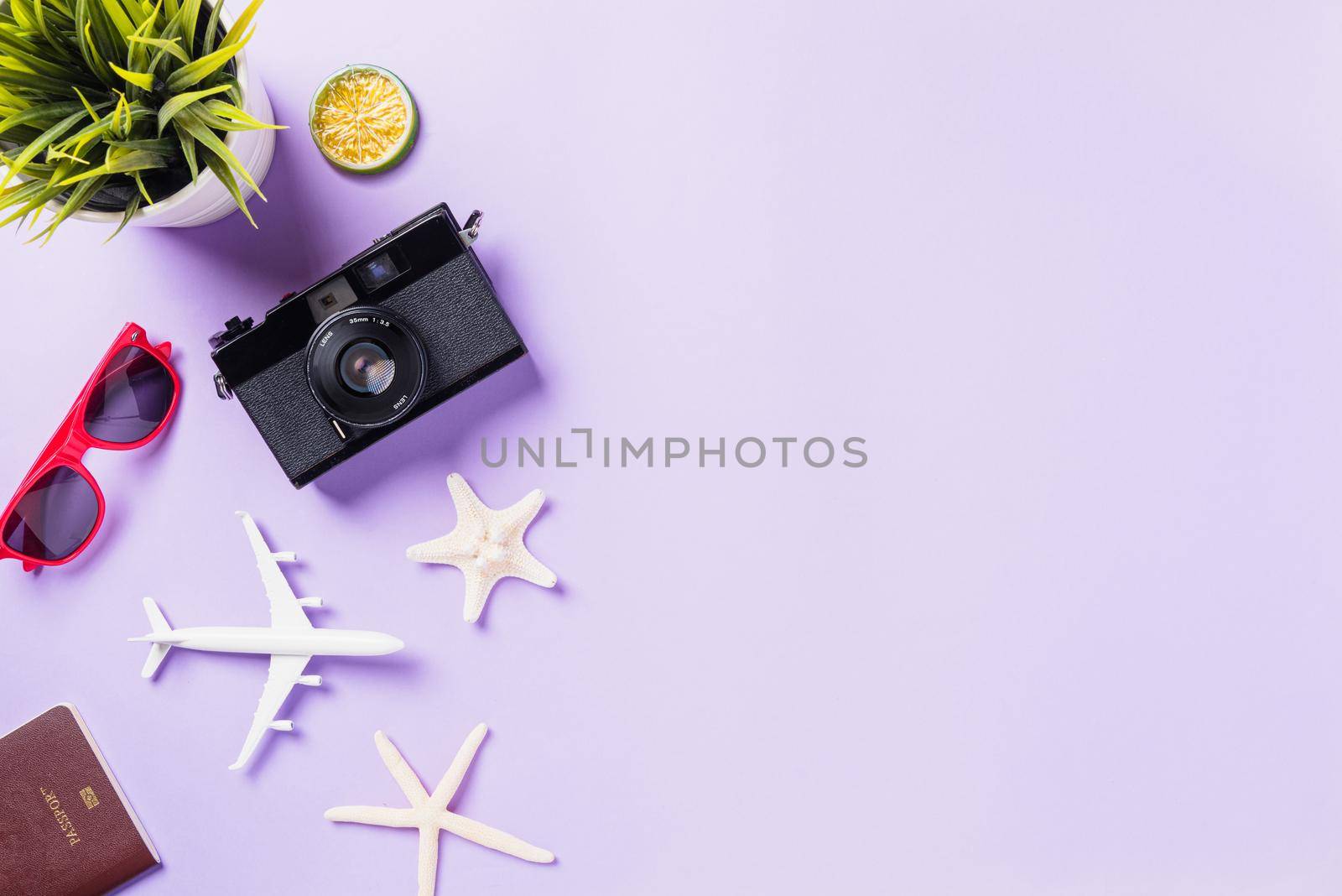 retro camera films, airplane, sunglasses, starfish traveler accessories by Sorapop