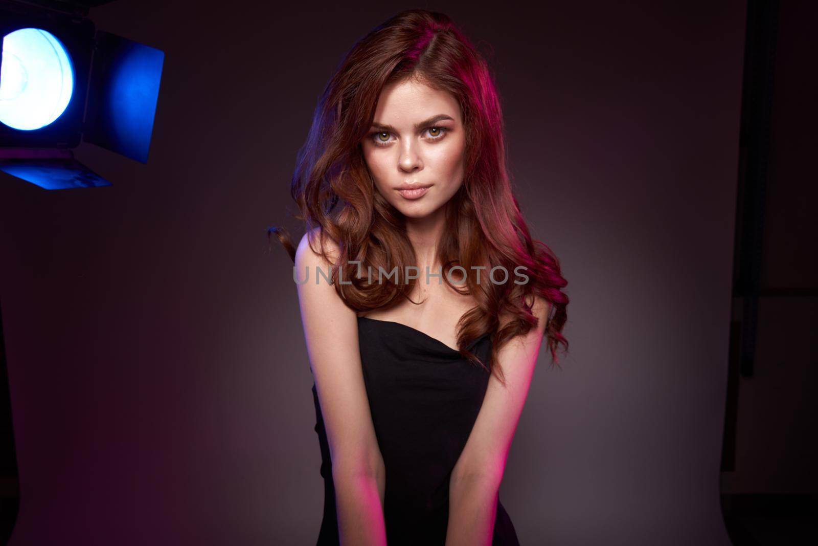 woman model black dress posing studio fashion hairstyle dark background by Vichizh