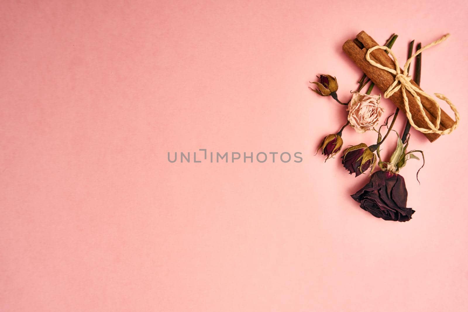 flowers decoration cinnamon pink background top view by Vichizh