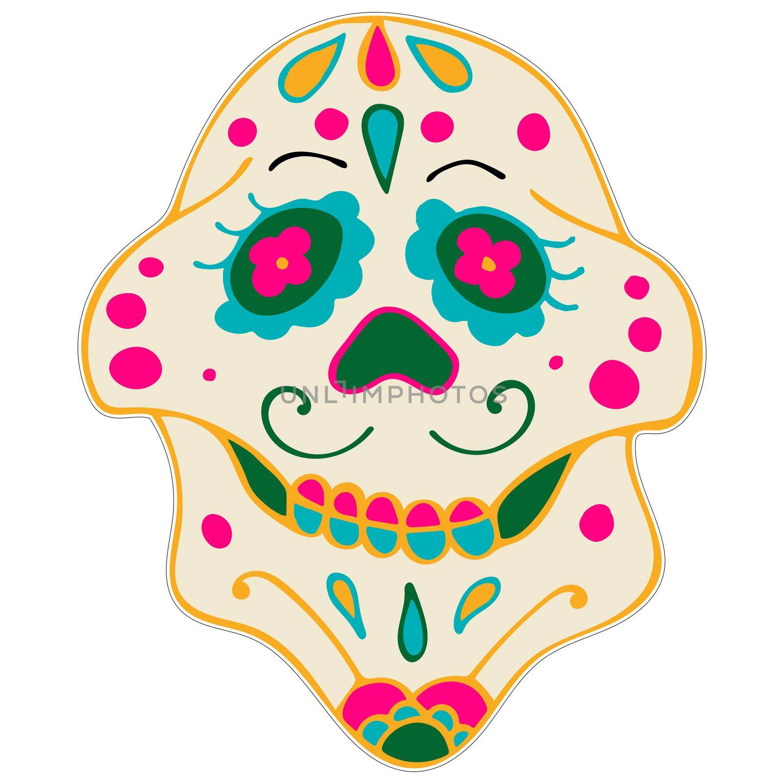 Day of the Dead Printable Sticker. Dia de los Muertos. Sugar Skull with Colorful Mexican Elements and Flowers. by Rina_Dozornaya