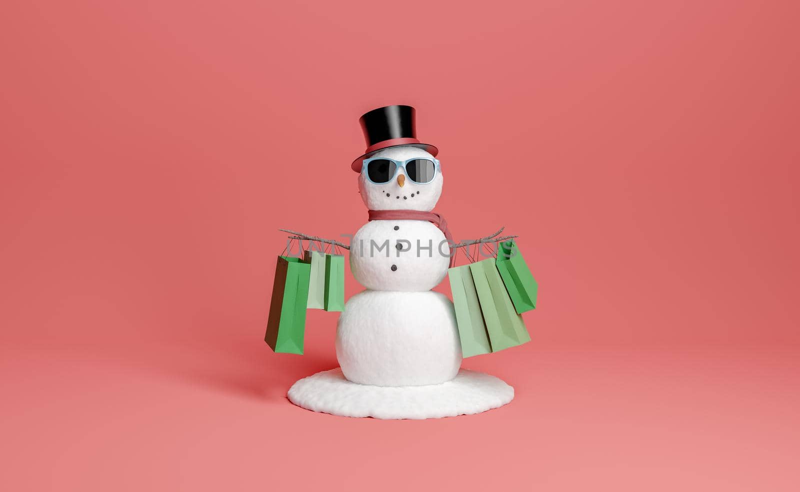 snowman with sunglasses and arms full of shopping bags. christmas and winter shopping concept. 3d rendering